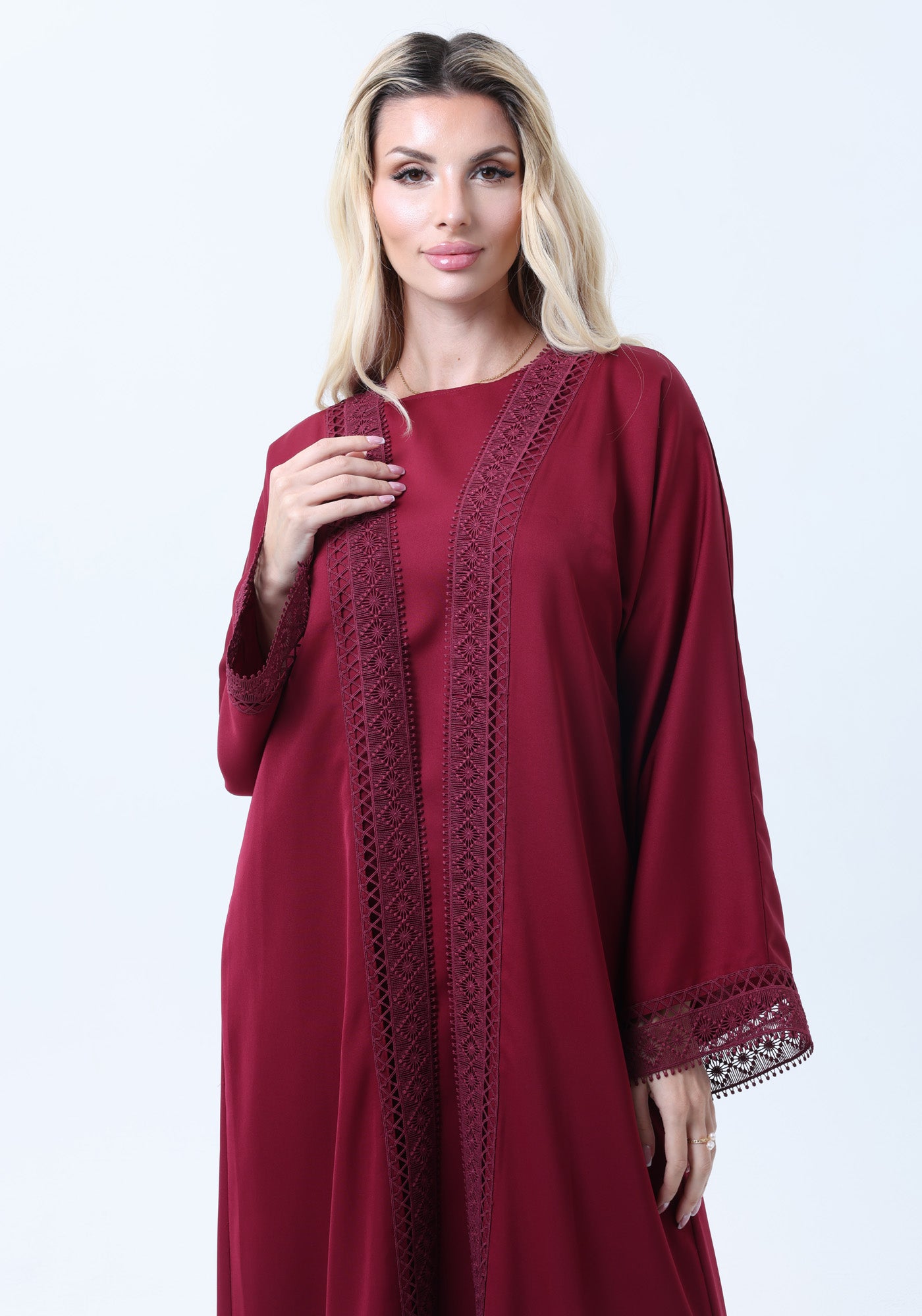 3-Piece Maroon Abaya Set with Intricate Lace Detailing & Matching Headscarf