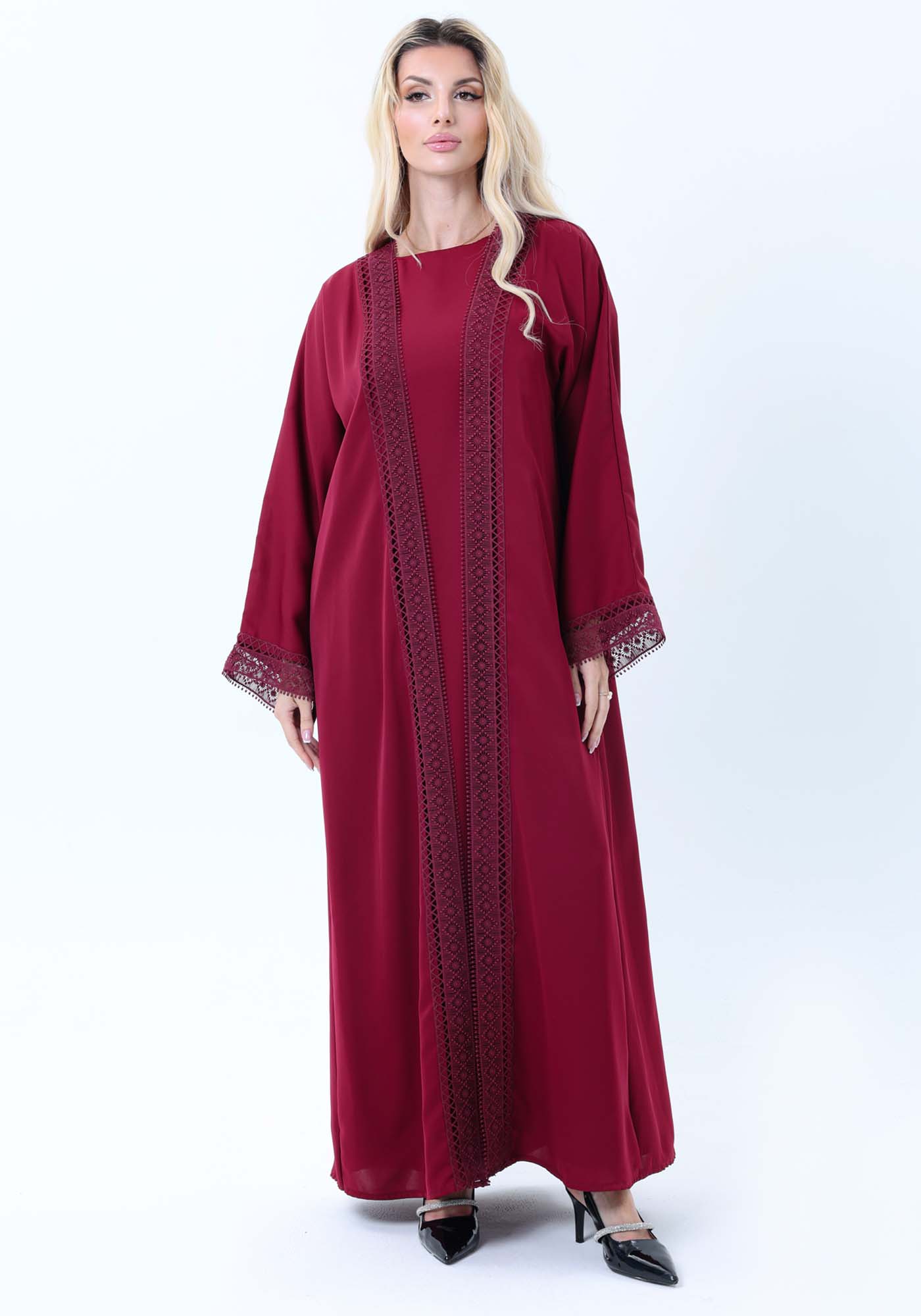 3-Piece Maroon Abaya Set with Intricate Lace Detailing & Matching Headscarf