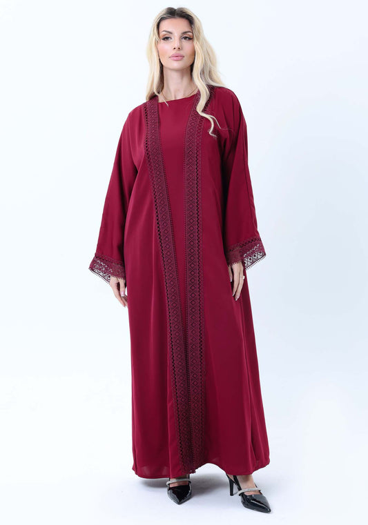 3-Piece Maroon Abaya Set with Intricate Lace Detailing & Matching Headscarf