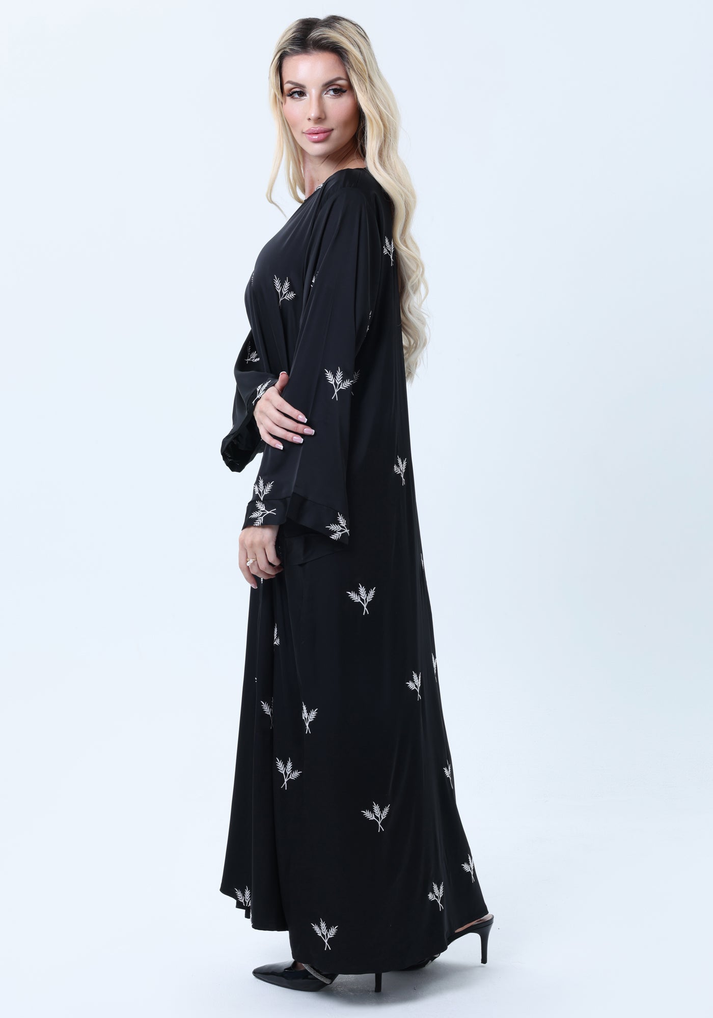 Black Silk Abaya with Silver Embroidered Motifs & Matching Headscarf