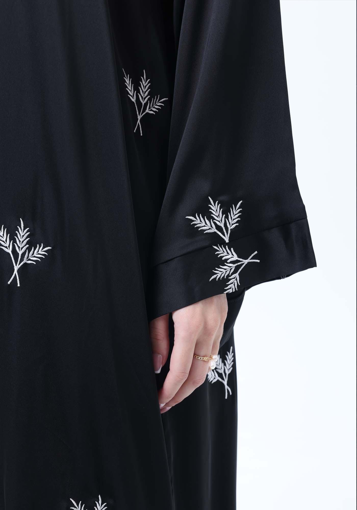 Black Silk Abaya with Silver Embroidered Motifs & Matching Headscarf