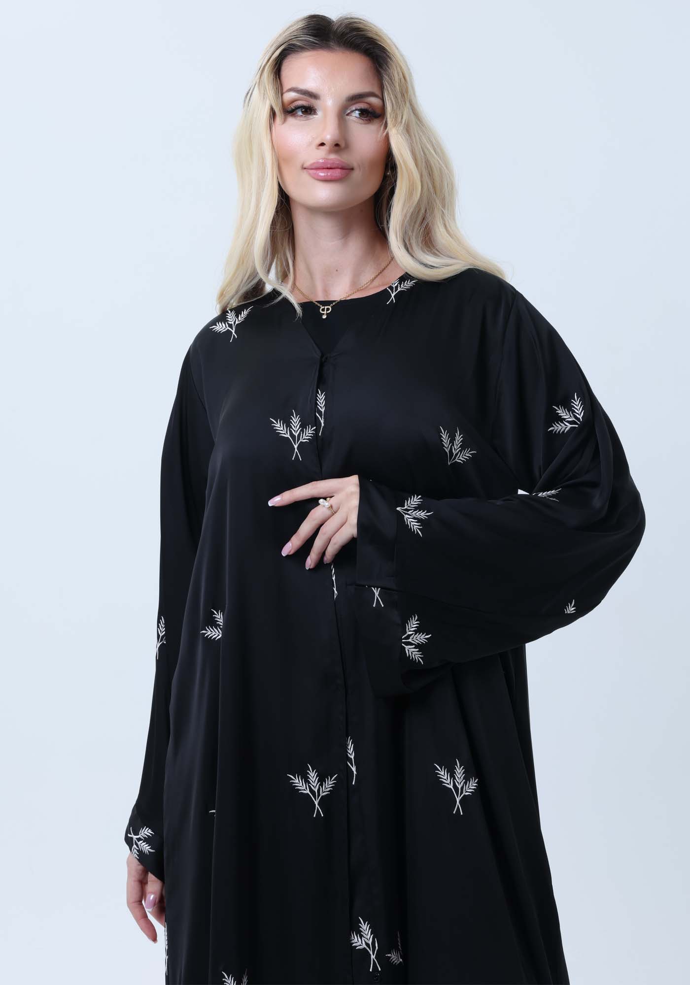 Black Silk Abaya with Silver Embroidered Motifs & Matching Headscarf