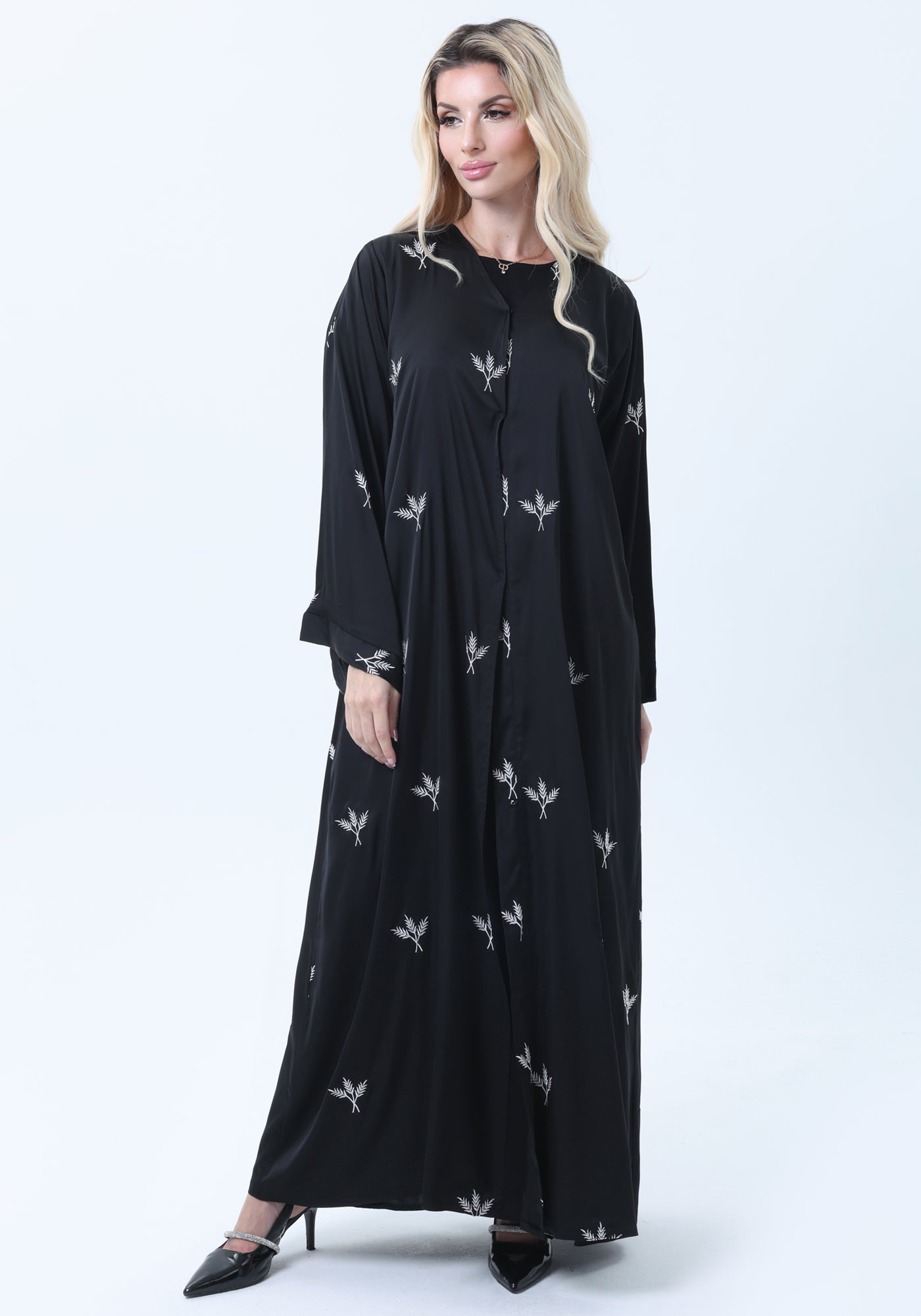 Black Silk Abaya with Silver Embroidered Motifs & Matching Headscarf