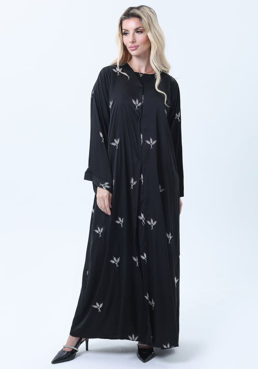Black Silk Abaya with Silver Embroidered Motifs & Matching Headscarf