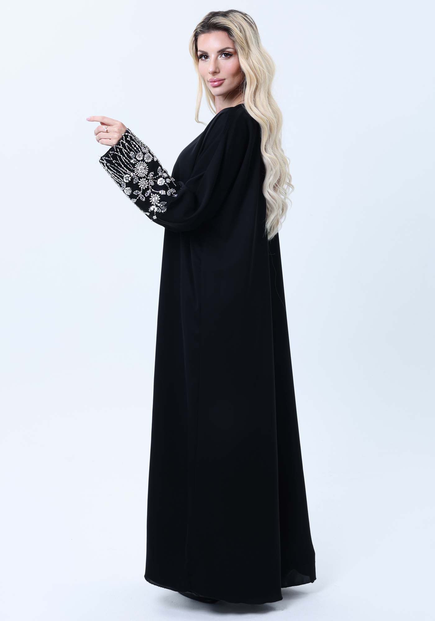 Black Abaya with Ornate Silver Sequined Sleeve Embellishments