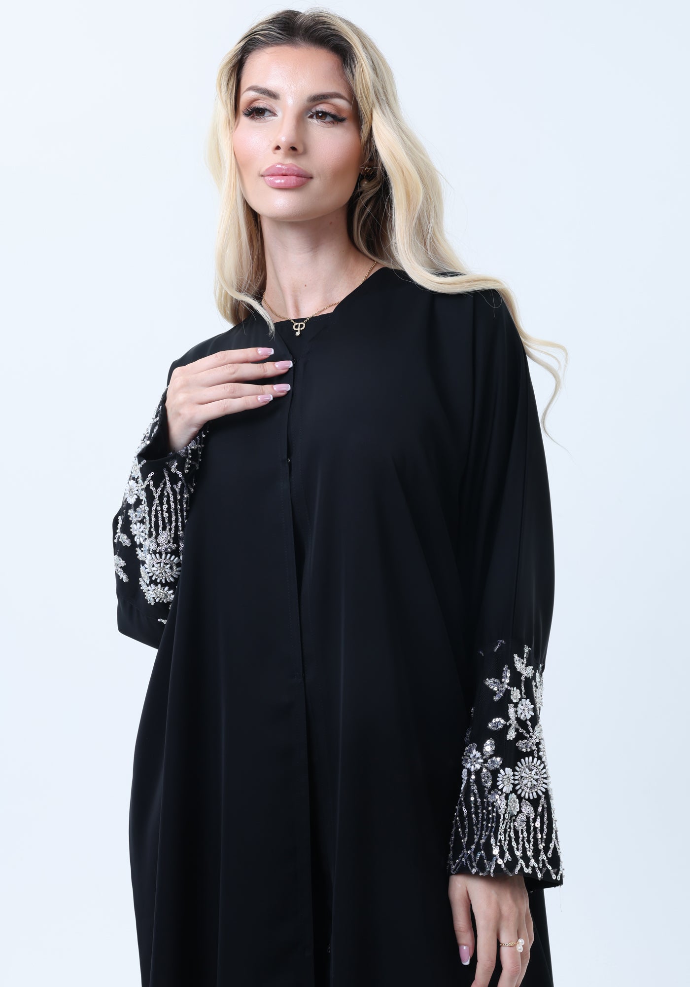 Black Abaya with Ornate Silver Sequined Sleeve Embellishments