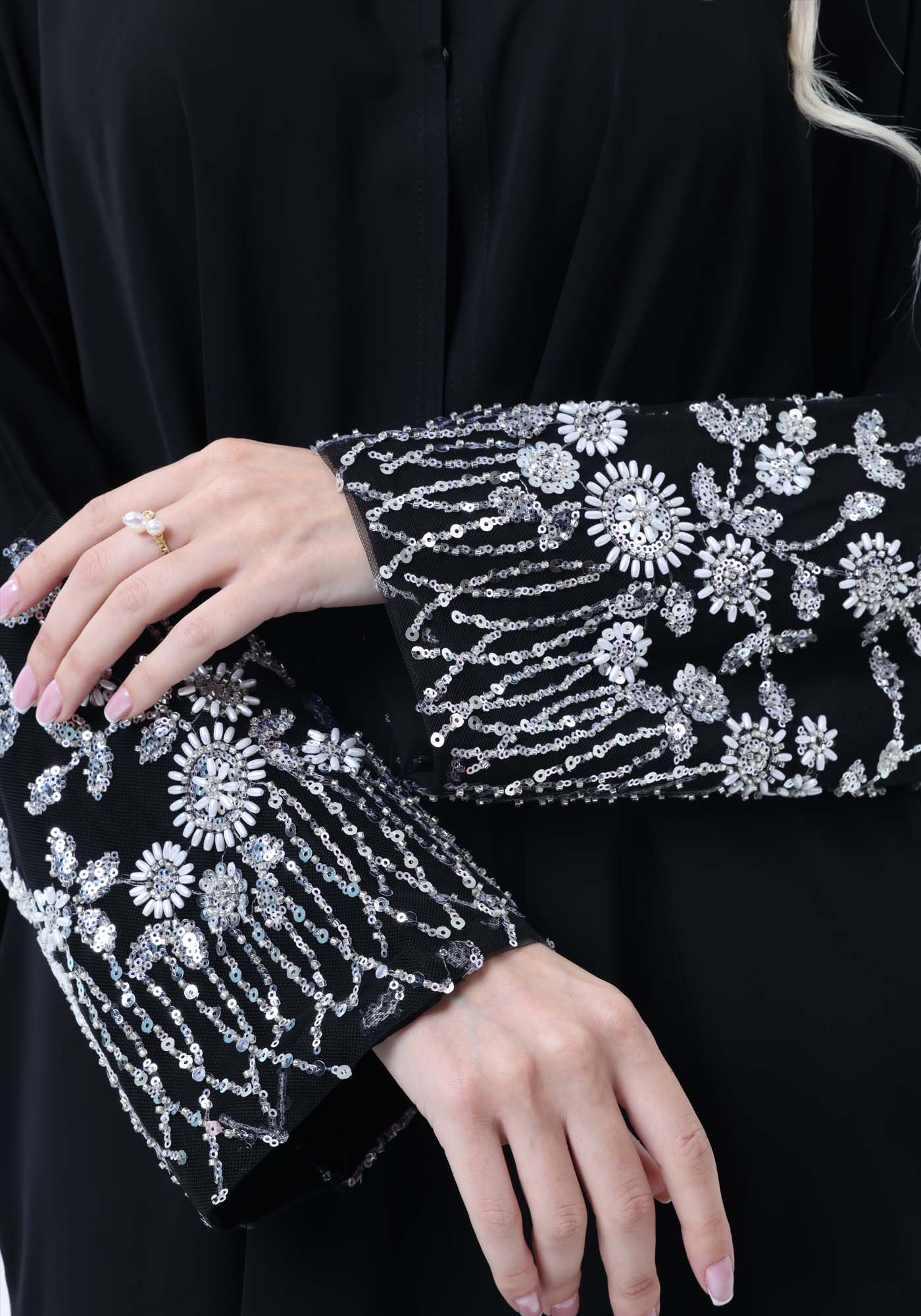 Black Abaya with Ornate Silver Sequined Sleeve Embellishments