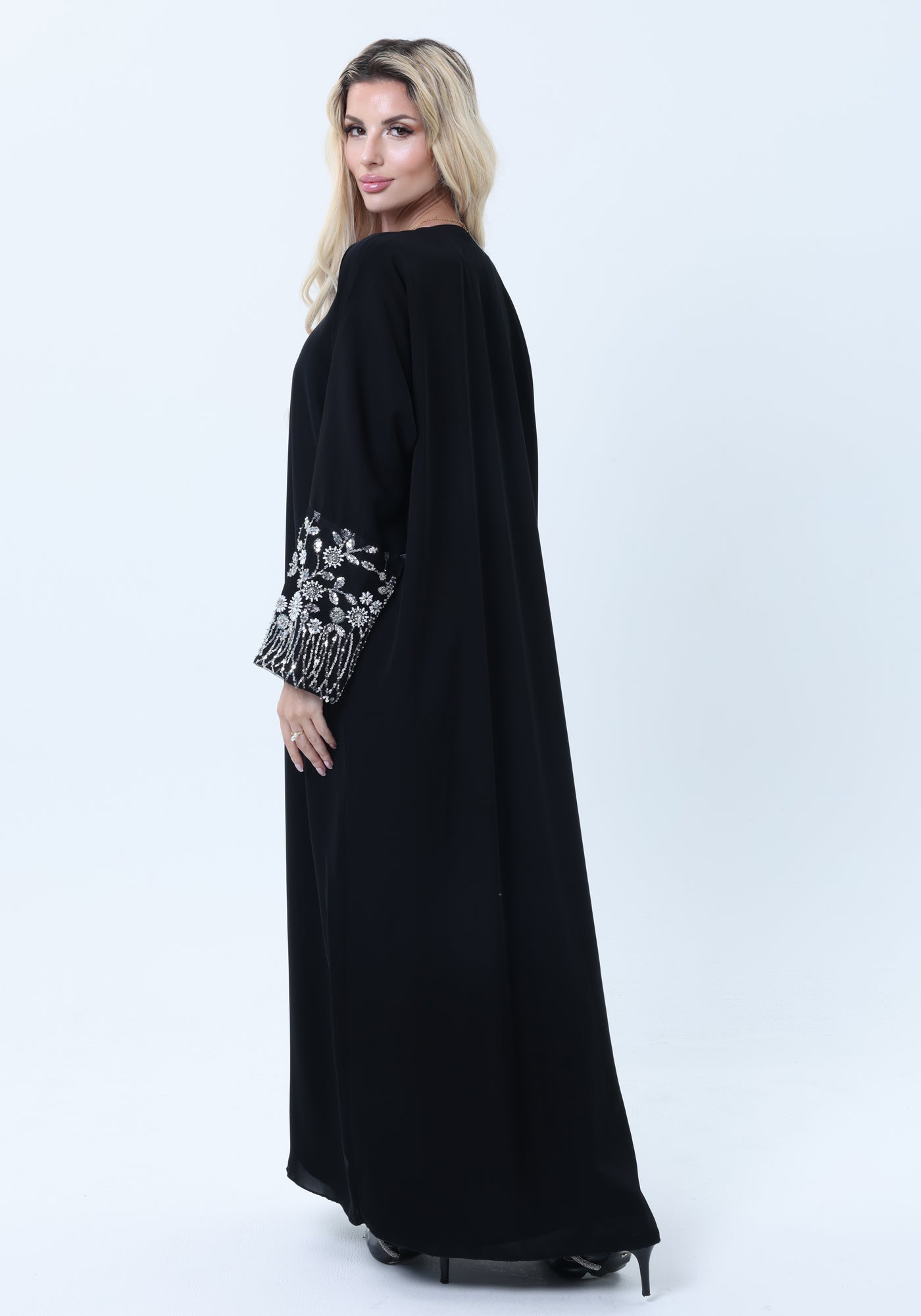 Black Abaya with Ornate Silver Sequined Sleeve Embellishments