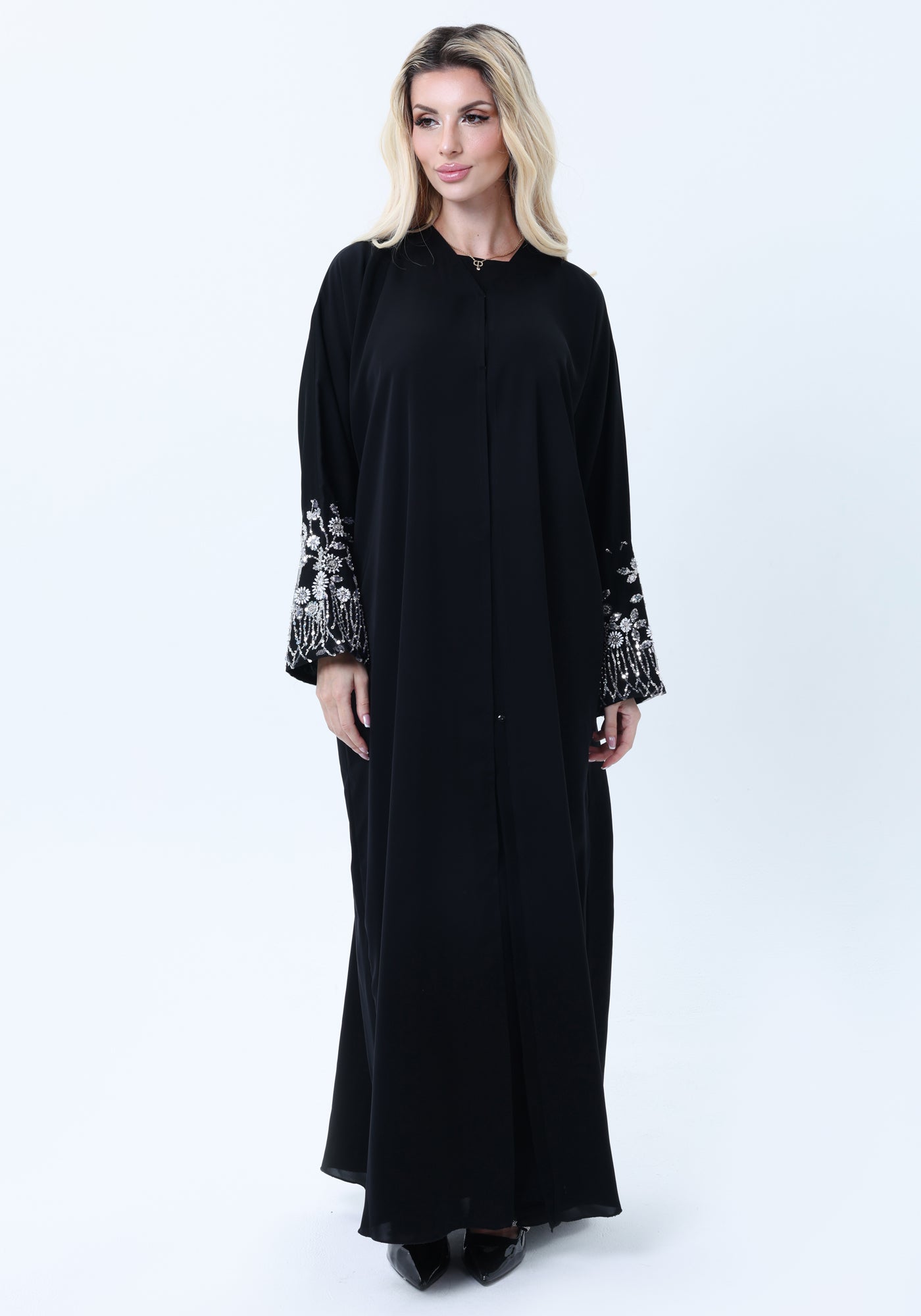 Black Abaya with Ornate Silver Sequined Sleeve Embellishments