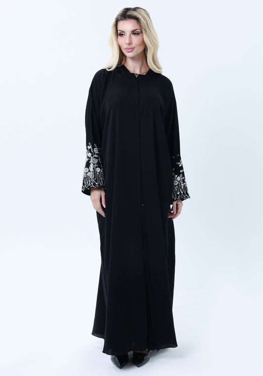 Black Abaya with Ornate Silver Sequined Sleeve Embellishments