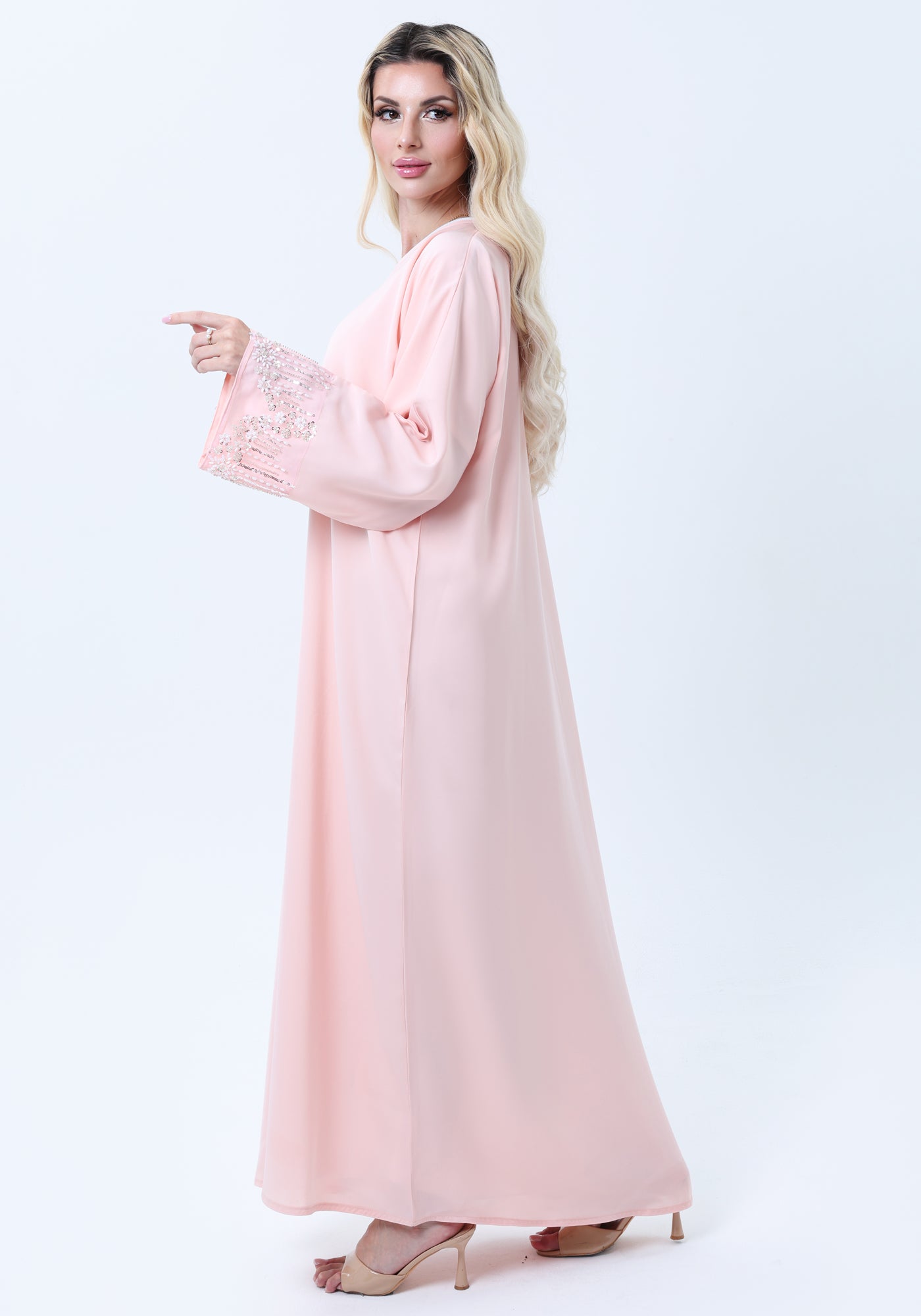 Pink Abaya with Ornate Silver Sequined Sleeve Embellishments