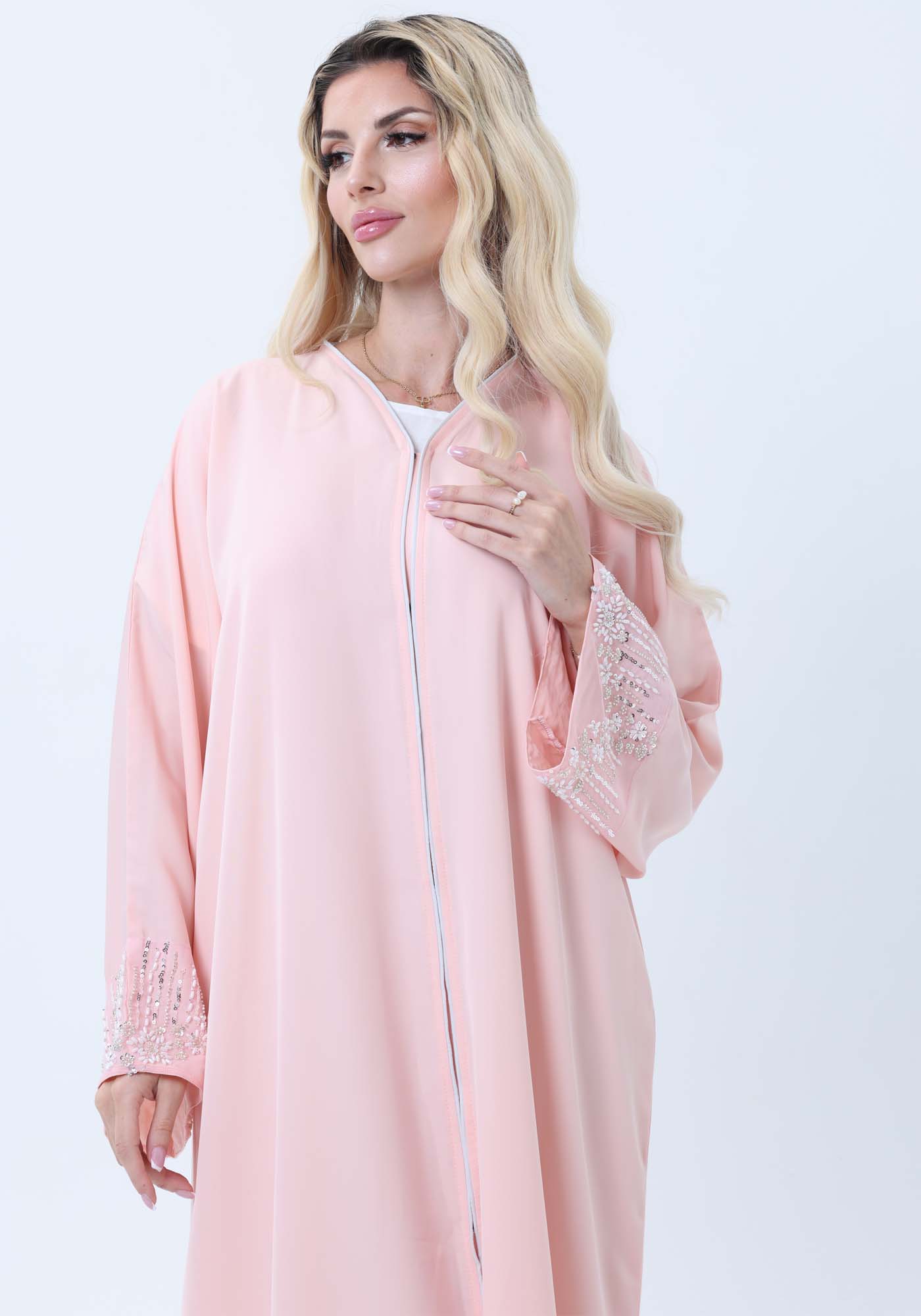 Pink Abaya with Ornate Silver Sequined Sleeve Embellishments