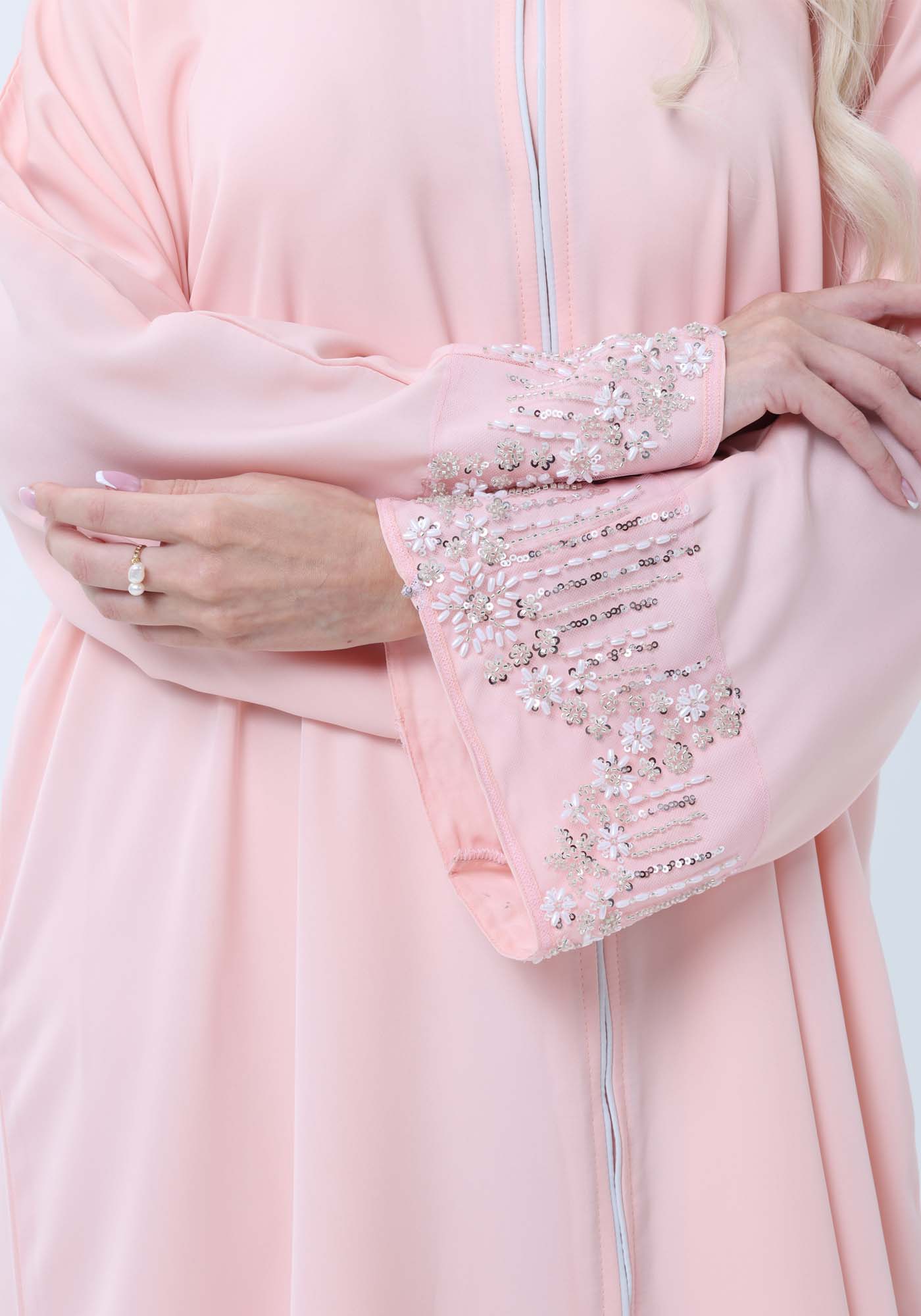 Pink Abaya with Ornate Silver Sequined Sleeve Embellishments