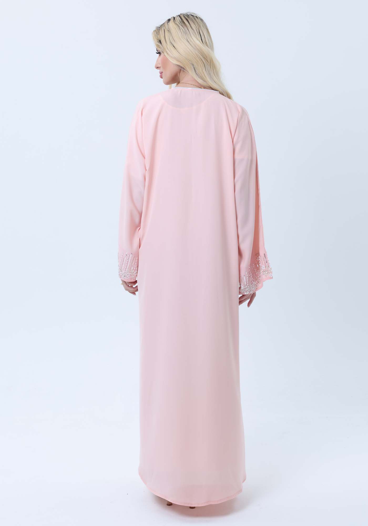 Pink Abaya with Ornate Silver Sequined Sleeve Embellishments