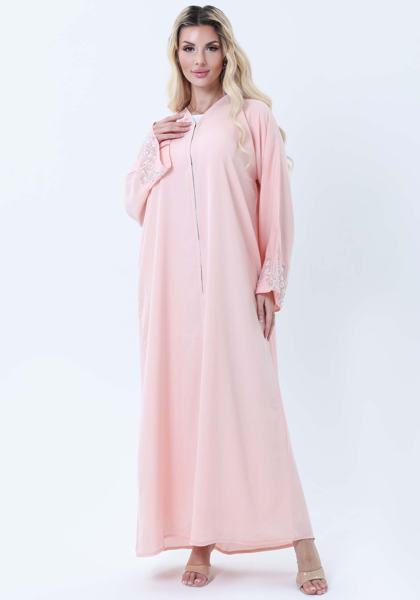 Pink Abaya with Ornate Silver Sequined Sleeve Embellishments