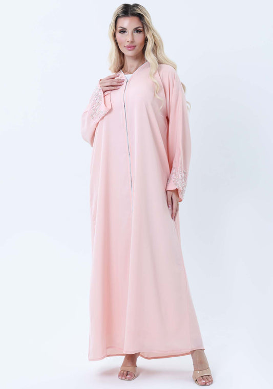 Pink Abaya with Ornate Silver Sequined Sleeve Embellishments
