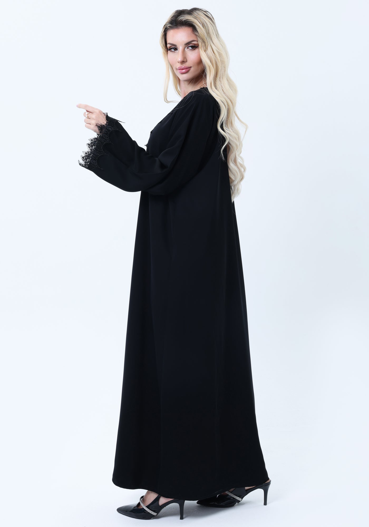 3-Piece Black  Abaya Set with Intricate Lace Detailing & Matching Headscarf