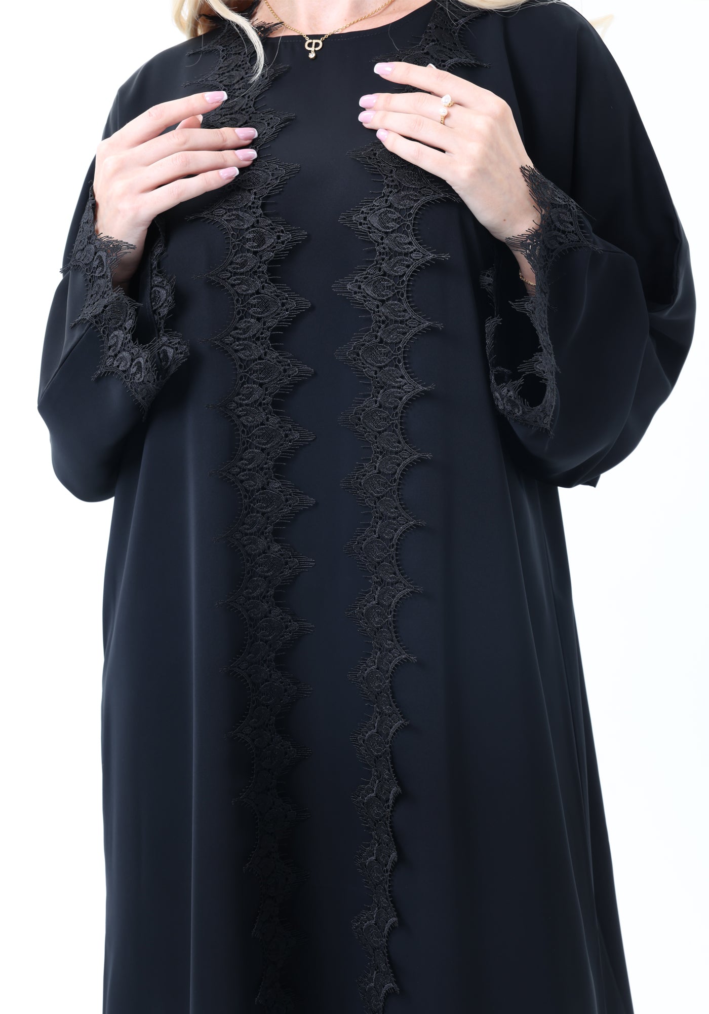 3-Piece Black  Abaya Set with Intricate Lace Detailing & Matching Headscarf