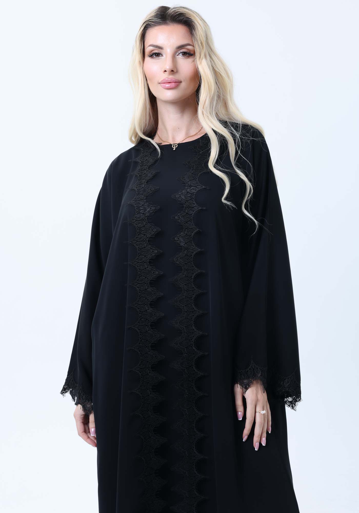 3-Piece Black  Abaya Set with Intricate Lace Detailing & Matching Headscarf