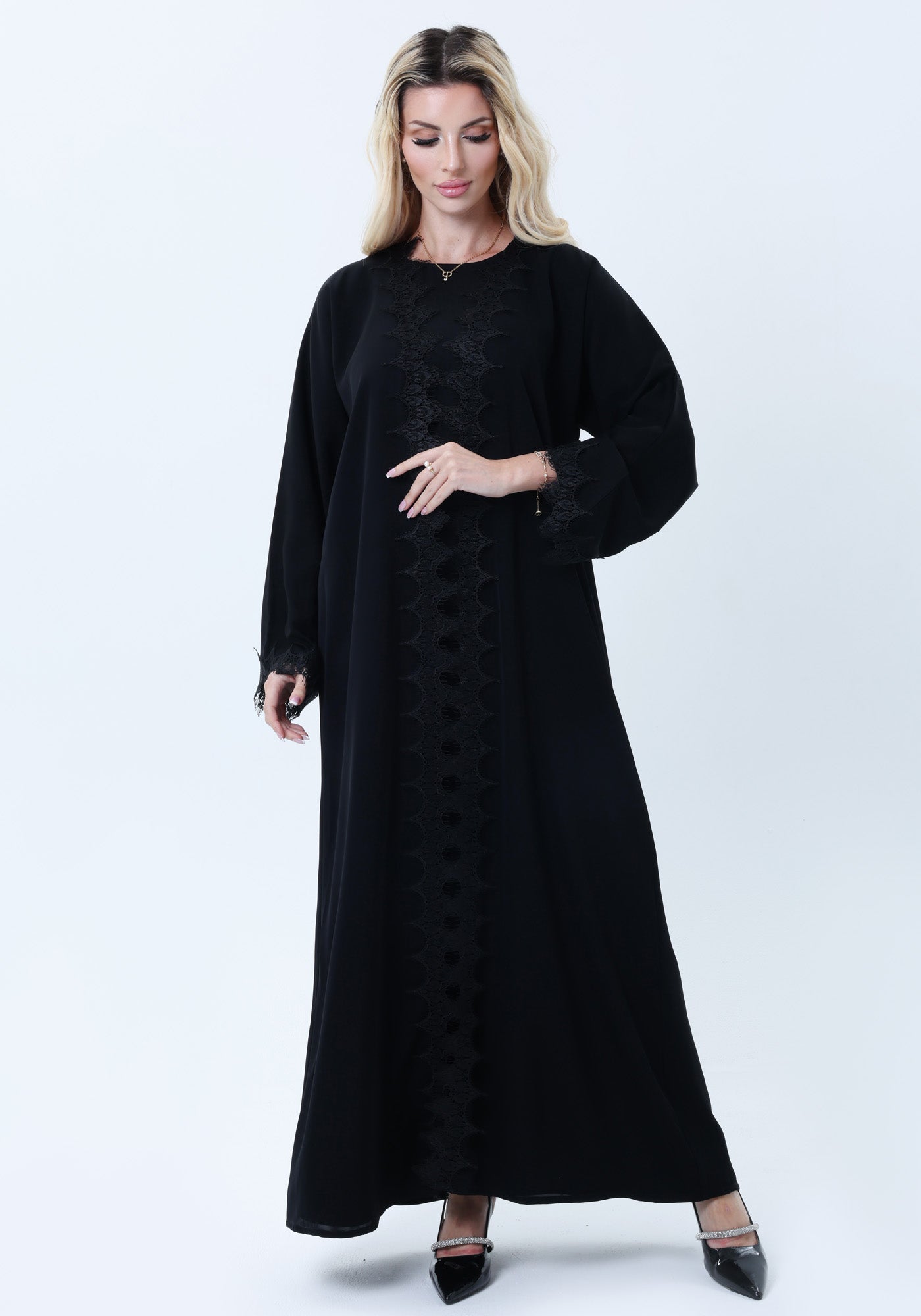 3-Piece Black  Abaya Set with Intricate Lace Detailing & Matching Headscarf