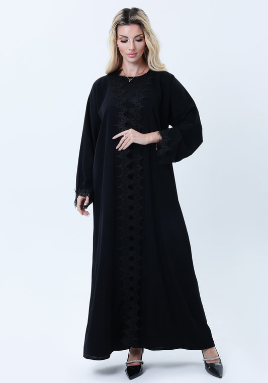 3-Piece Black  Abaya Set with Intricate Lace Detailing & Matching Headscarf