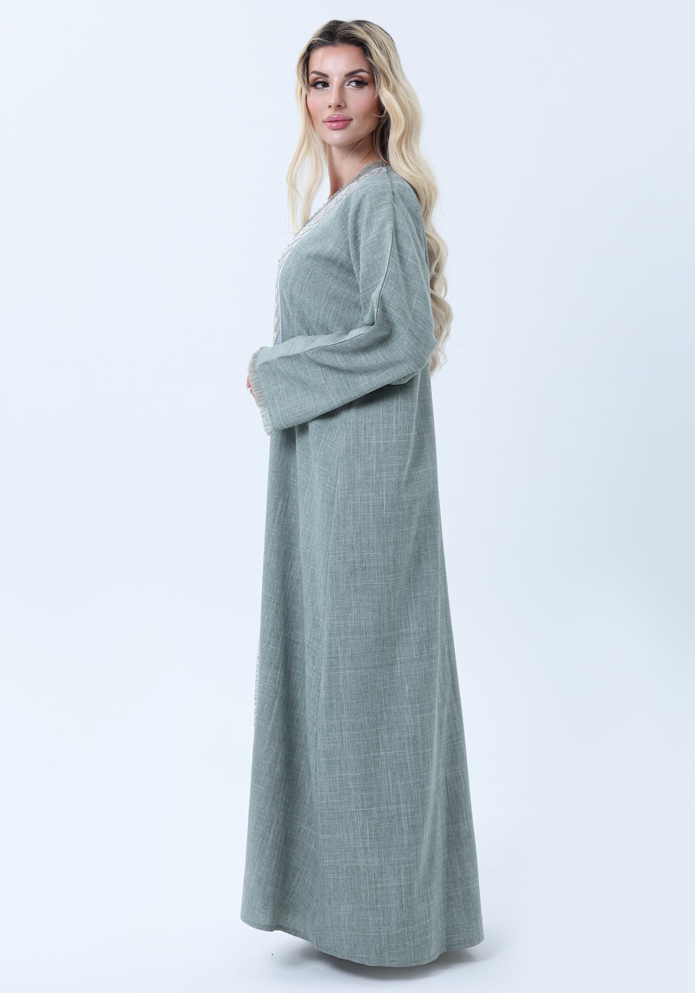 Sage Green Melange Linen Abaya with Intricate Lace Panel Detail