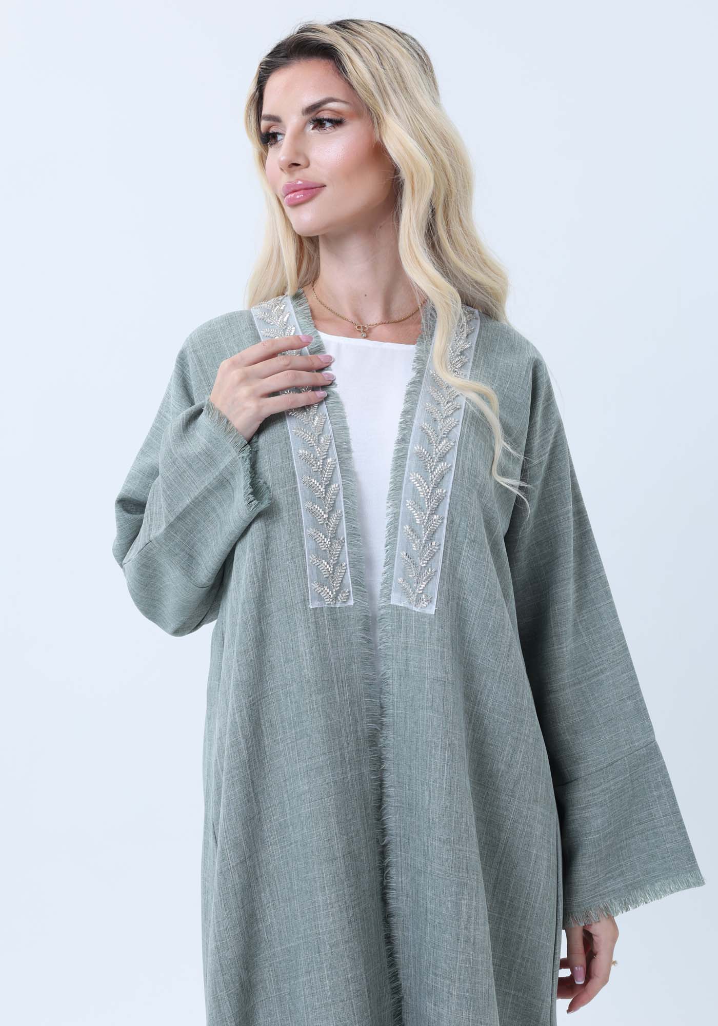 Sage Green Melange Linen Abaya with Intricate Lace Panel Detail
