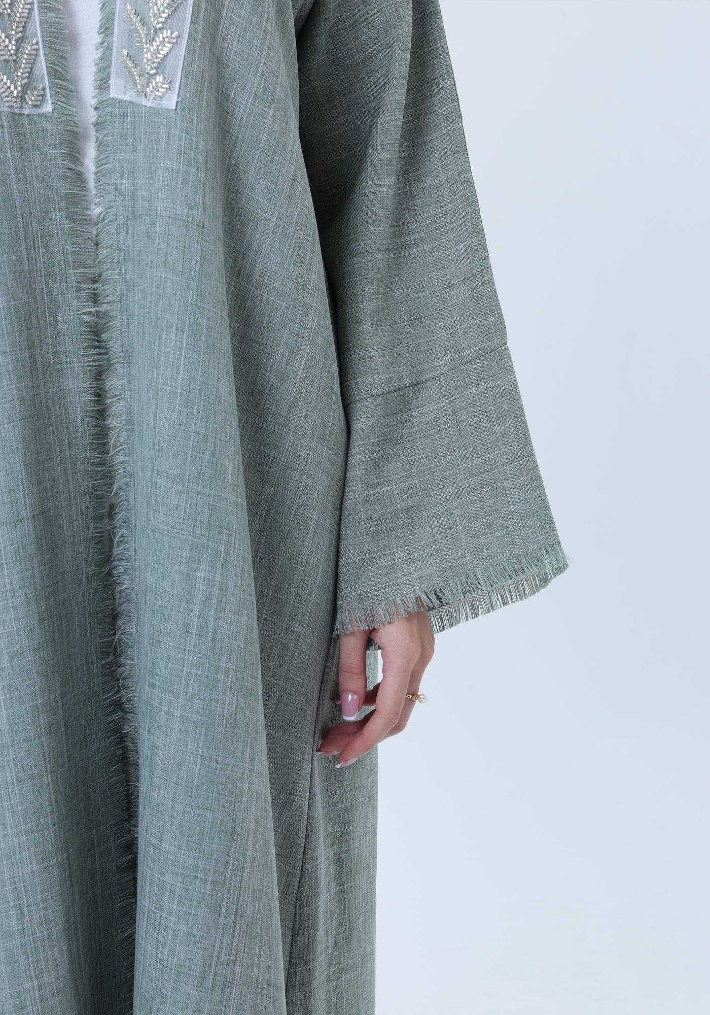Sage Green Melange Linen Abaya with Intricate Lace Panel Detail