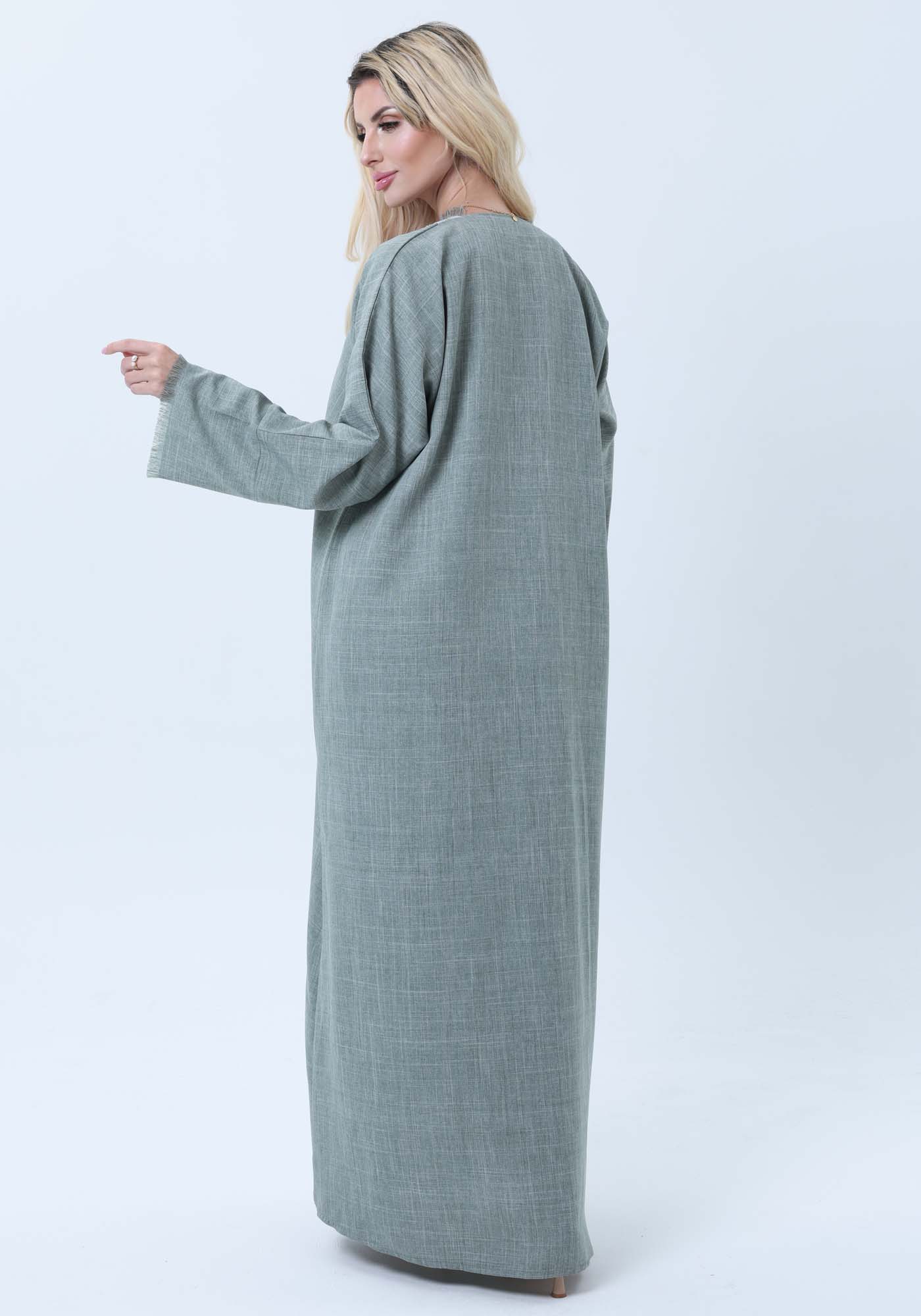 Sage Green Melange Linen Abaya with Intricate Lace Panel Detail