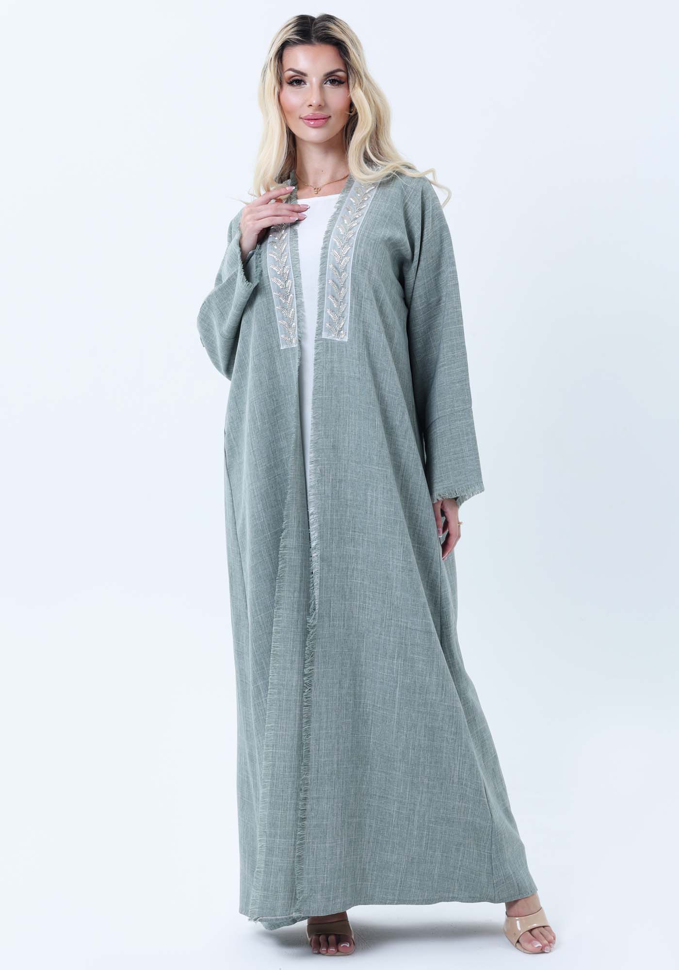 Sage Green Melange Linen Abaya with Intricate Lace Panel Detail