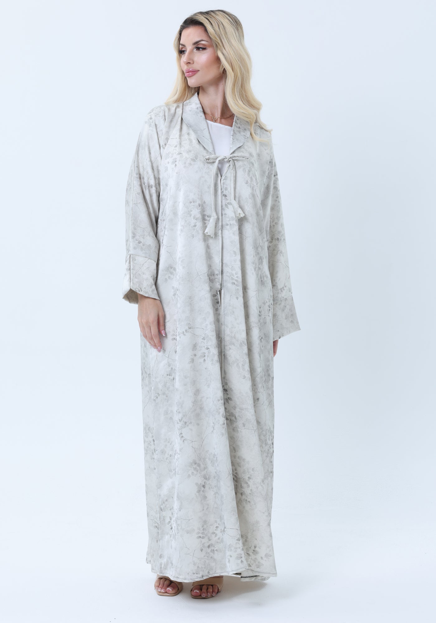 Premium Floral Print Abaya with Collar Detail - Elegant Cream & Gray with Headscarf