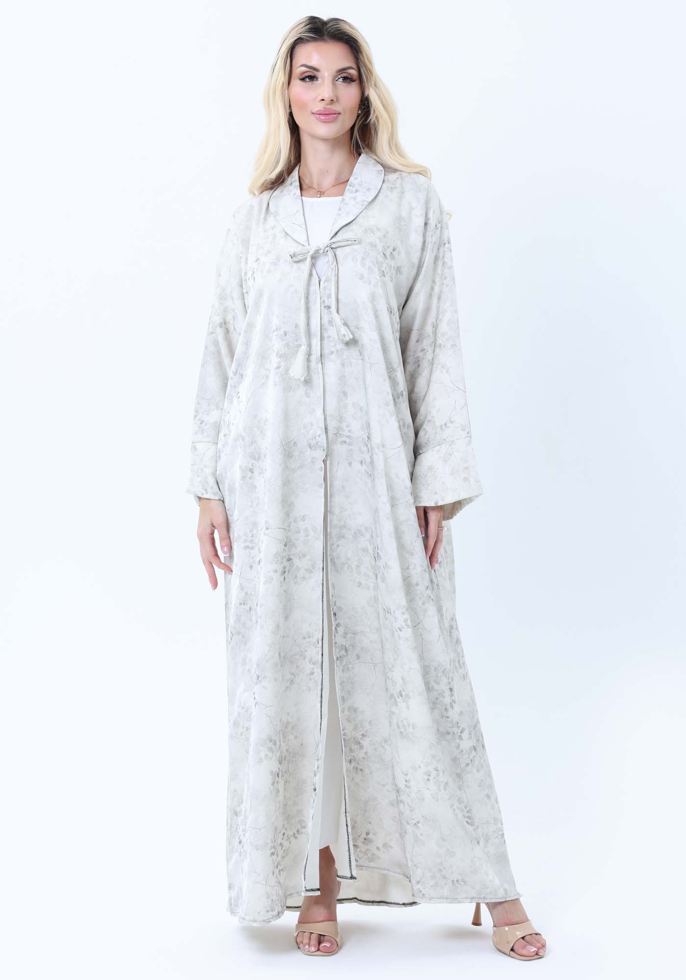 Premium Floral Print Abaya with Collar Detail - Elegant Cream & Gray with Headscarf