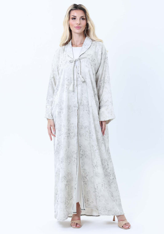 Premium Floral Print Abaya with Collar Detail - Elegant Cream & Gray with Headscarf