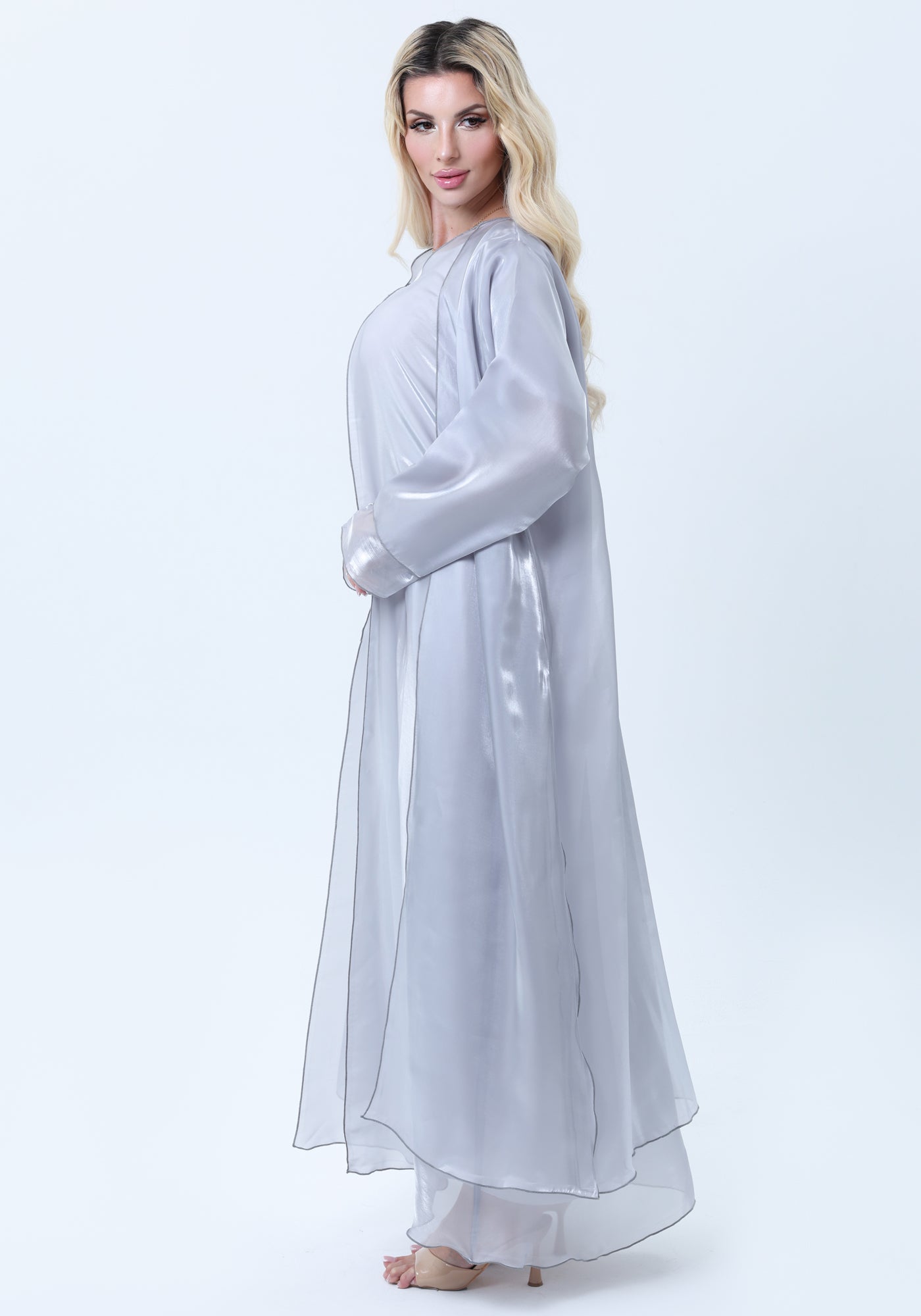 3 Piece Grey Organza Abaya Set