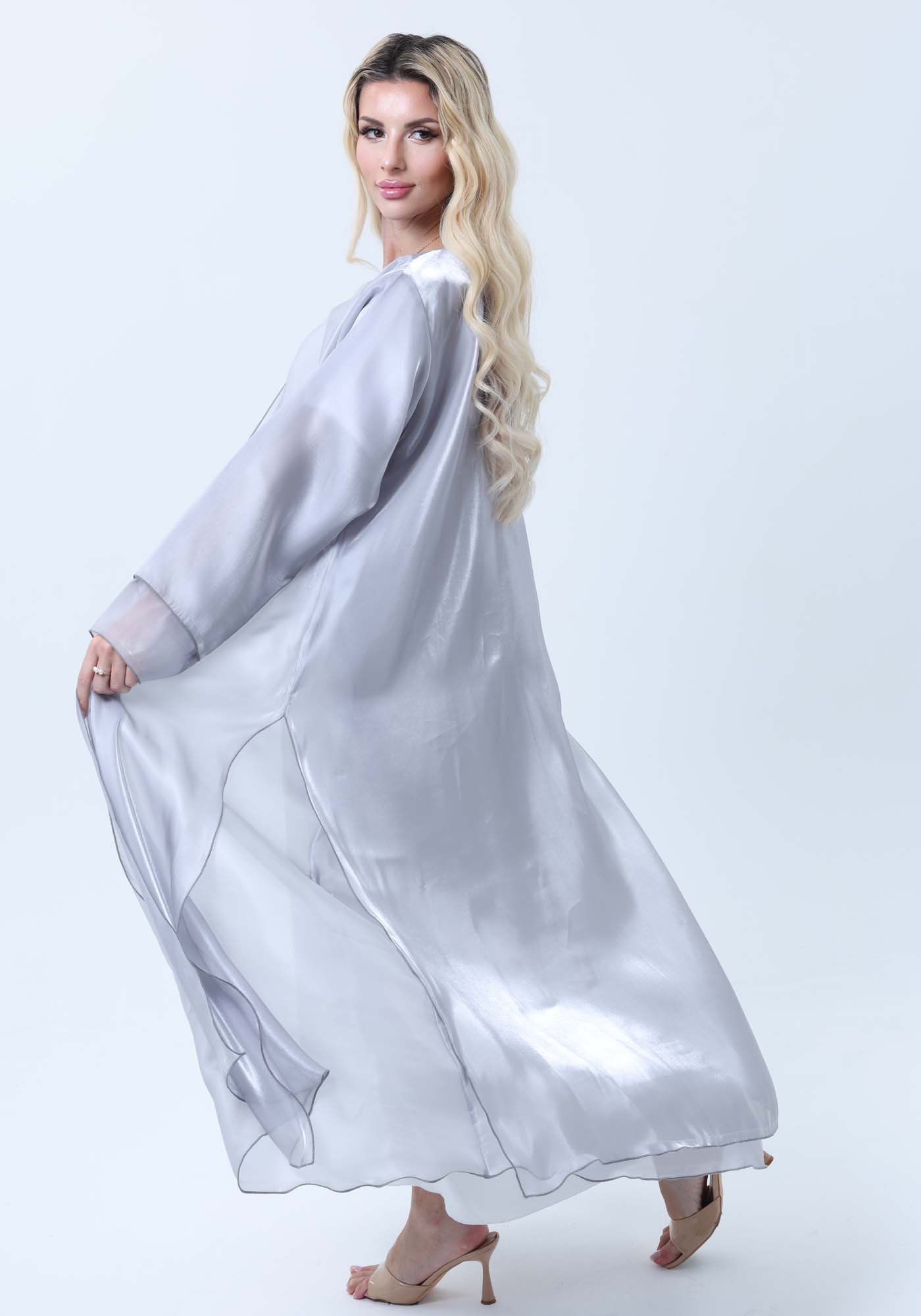 3 Piece Grey Organza Abaya Set