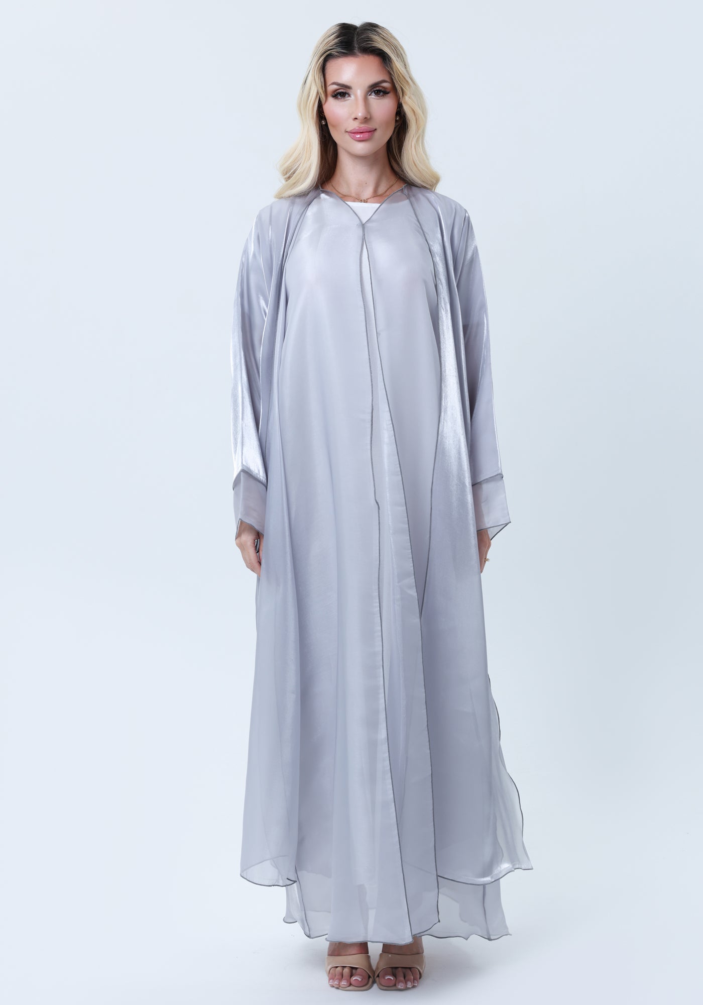 3 Piece Grey Organza Abaya Set