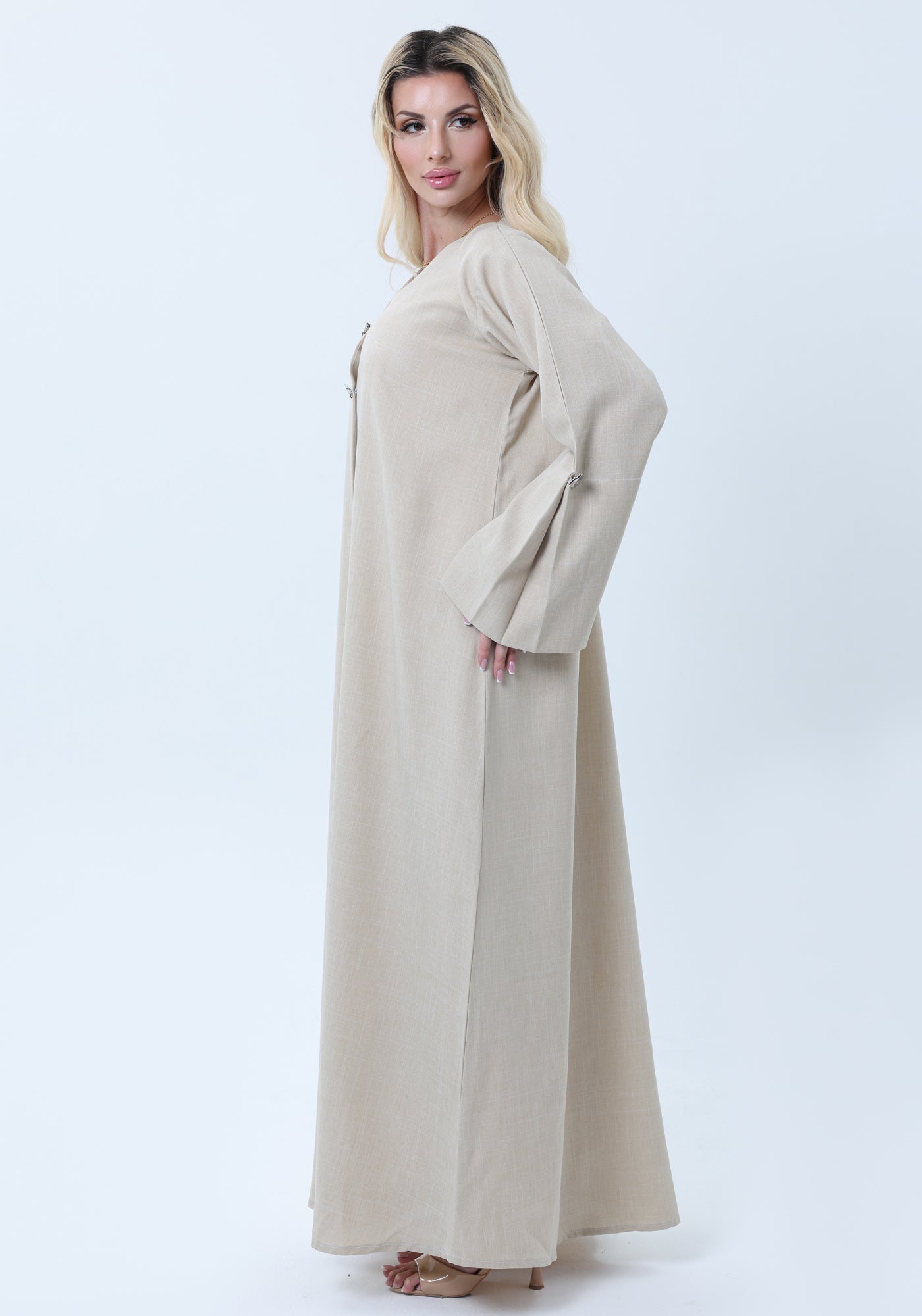 Light Beige Melange Abaya with Decorative Buttons and Matching Headscarf
