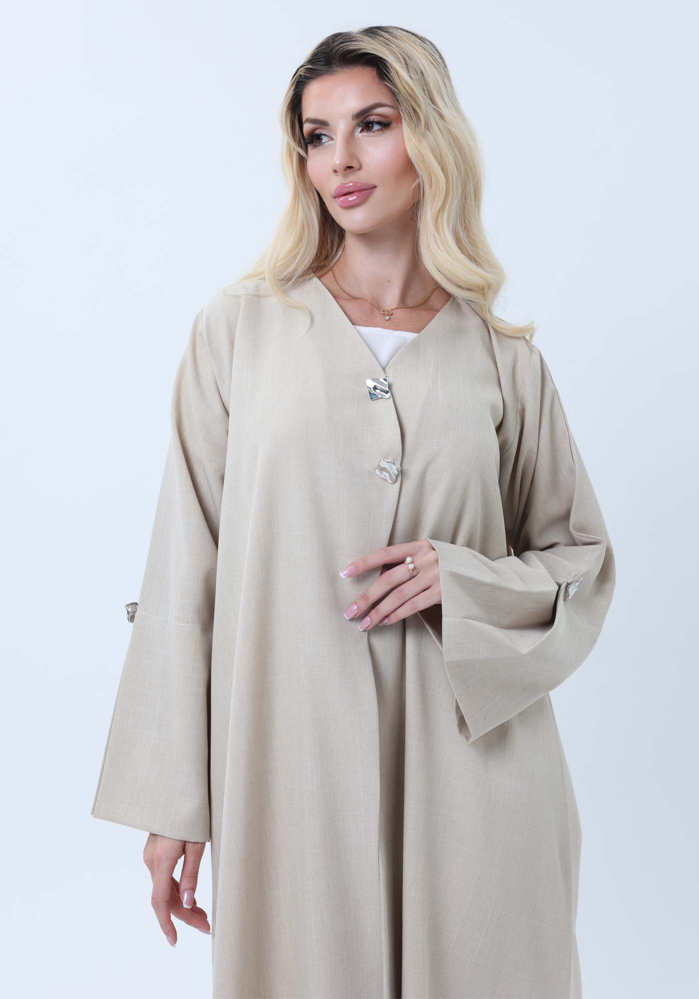 Light Beige Melange Abaya with Decorative Buttons and Matching Headscarf