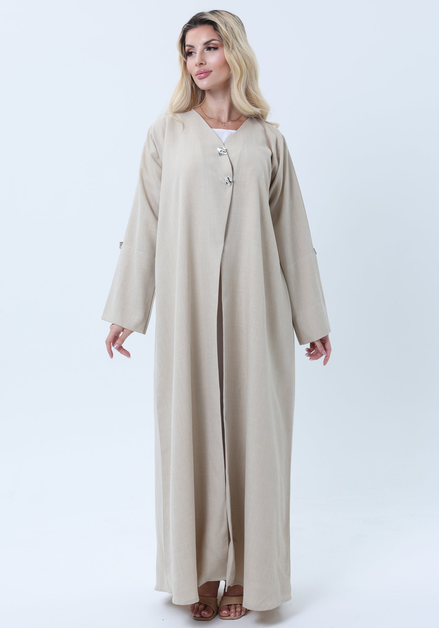 Light Beige Melange Abaya with Decorative Buttons and Matching Headscarf