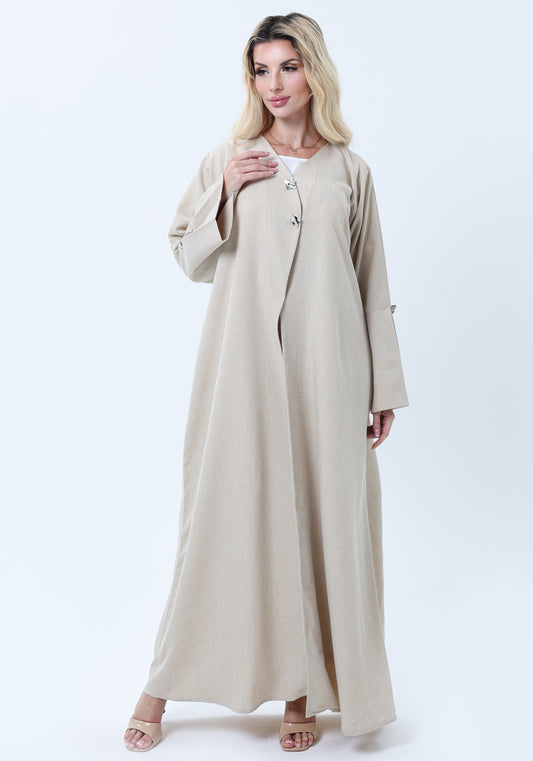 Light Beige Melange Abaya with Decorative Buttons and Matching Headscarf