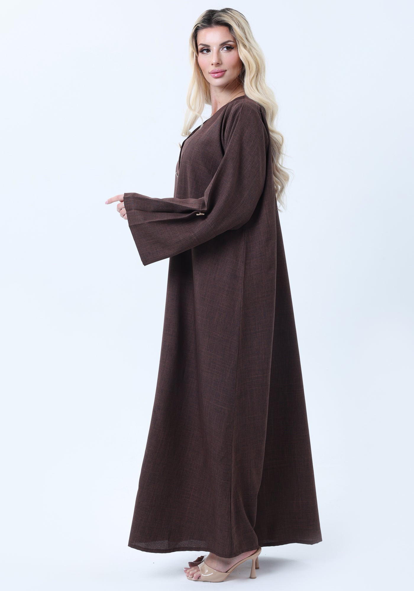 Brown Mélange Abaya with Decorative Buttons and Matching Headscarf