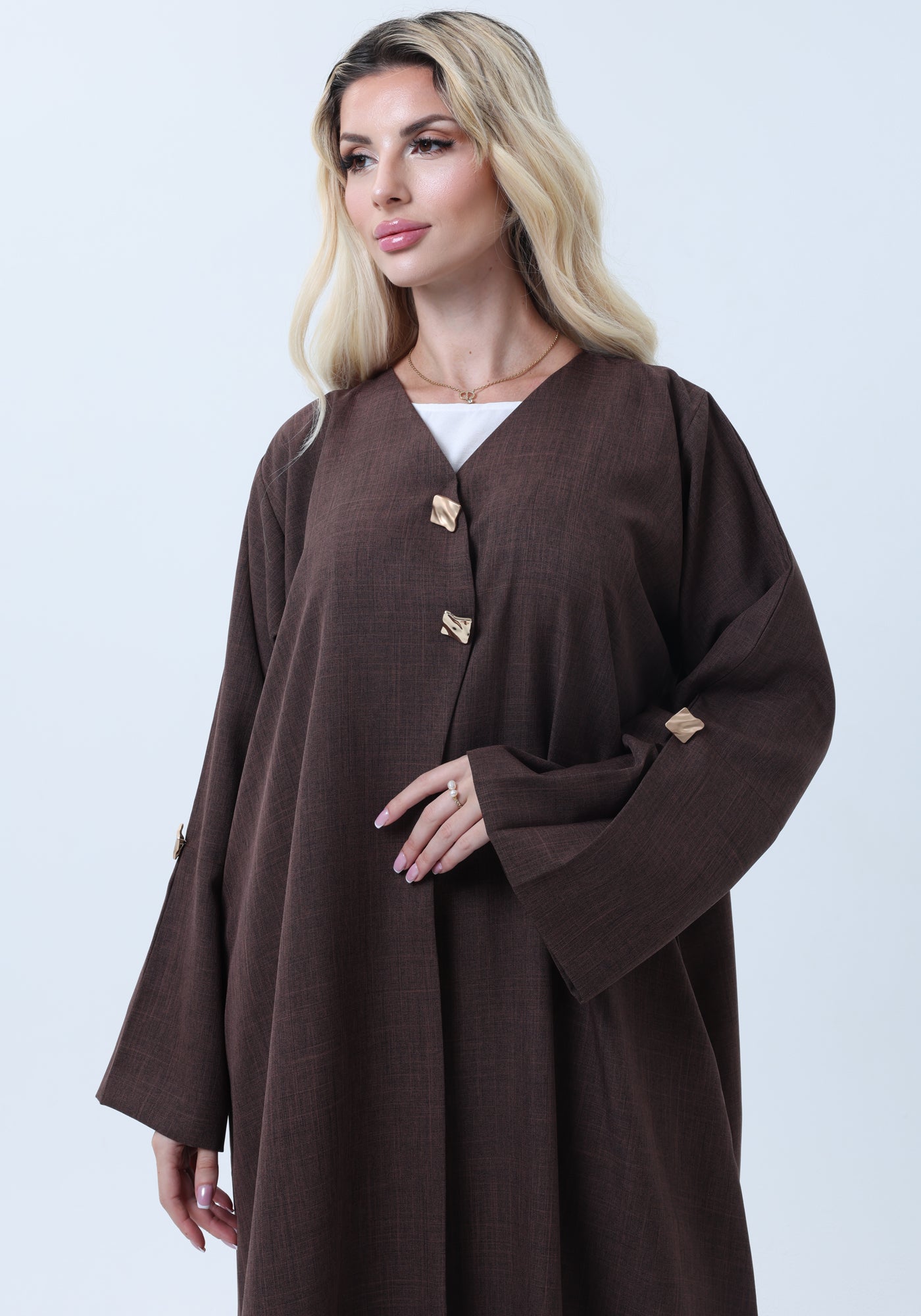 Brown Mélange Abaya with Decorative Buttons and Matching Headscarf