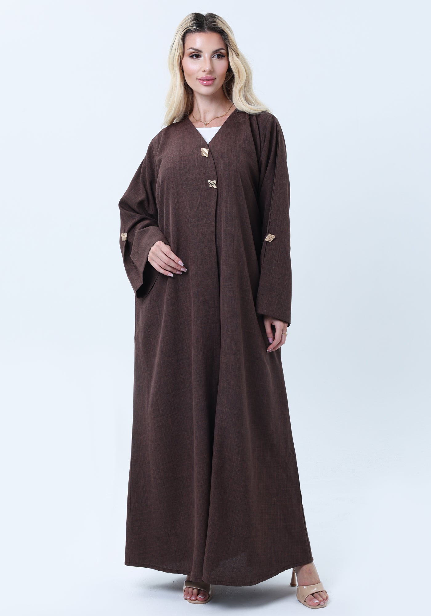Brown Mélange Abaya with Decorative Buttons and Matching Headscarf