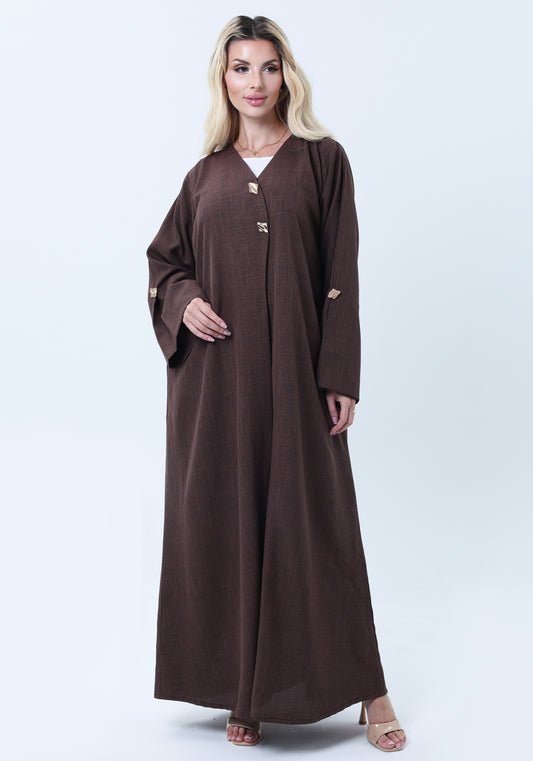 Brown Mélange Abaya with Decorative Buttons and Matching Headscarf
