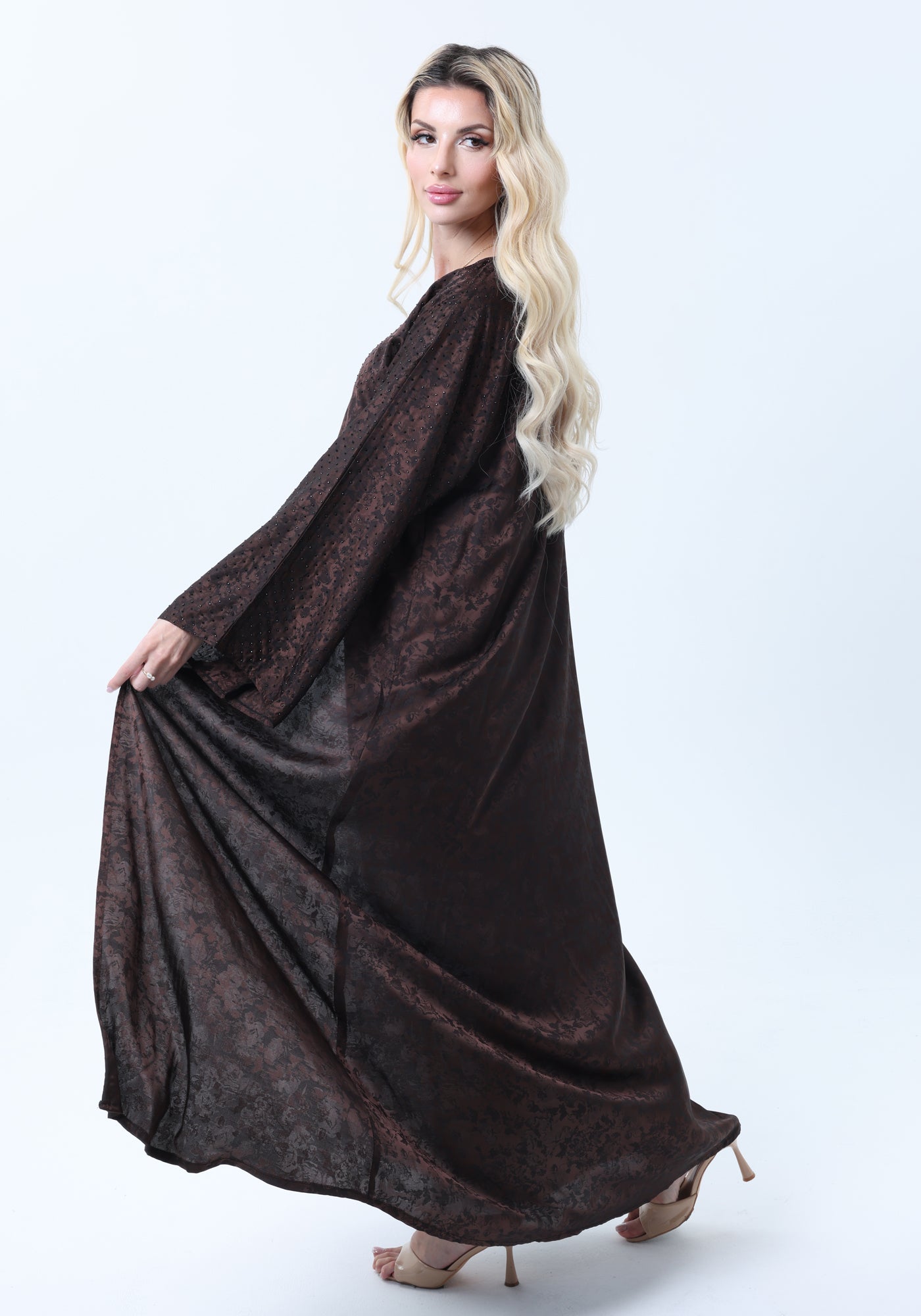 Brown Silk Floral Abaya with Rhinestones and Matching Sheila