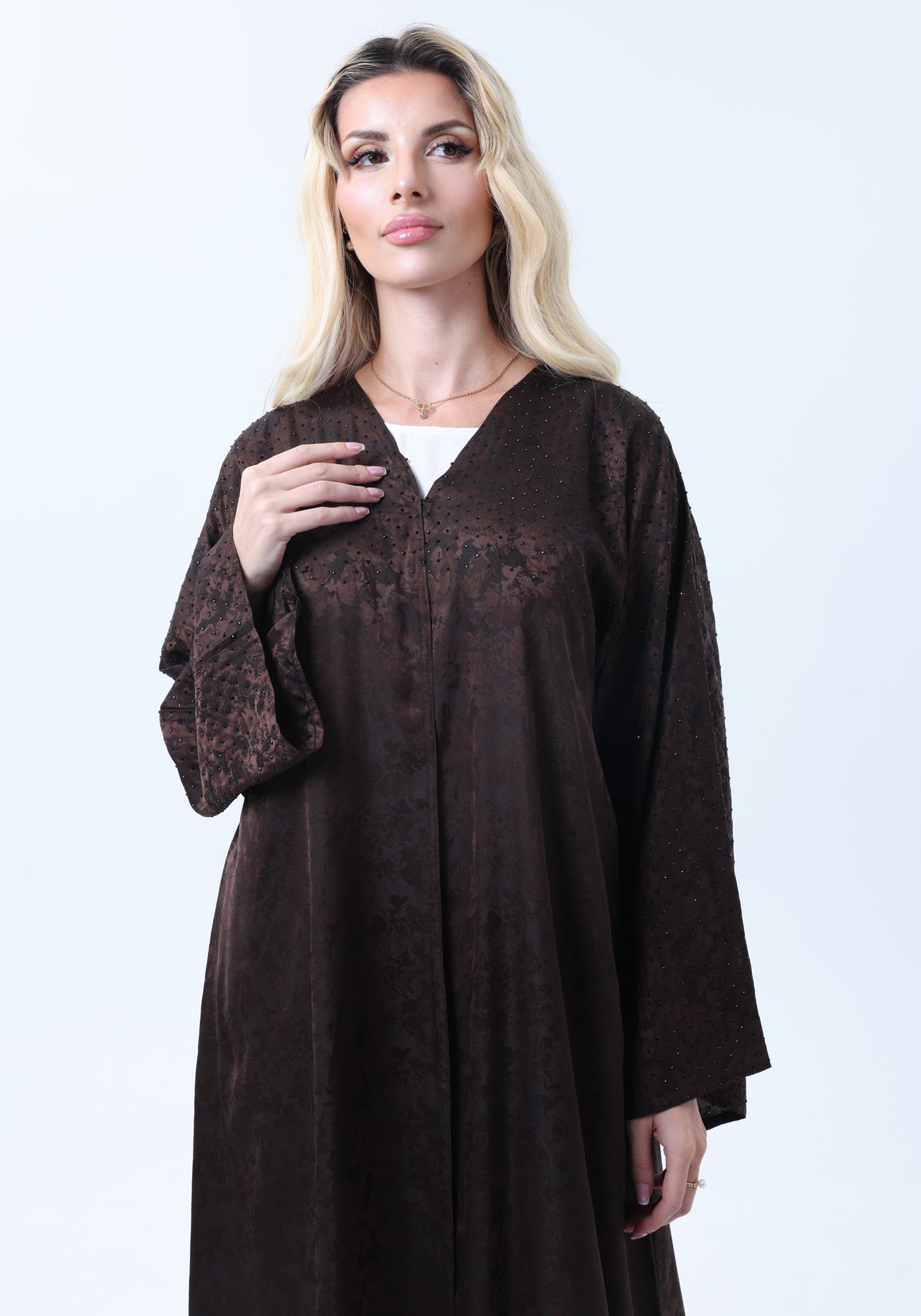 Brown Silk Floral Abaya with Rhinestones and Matching Sheila
