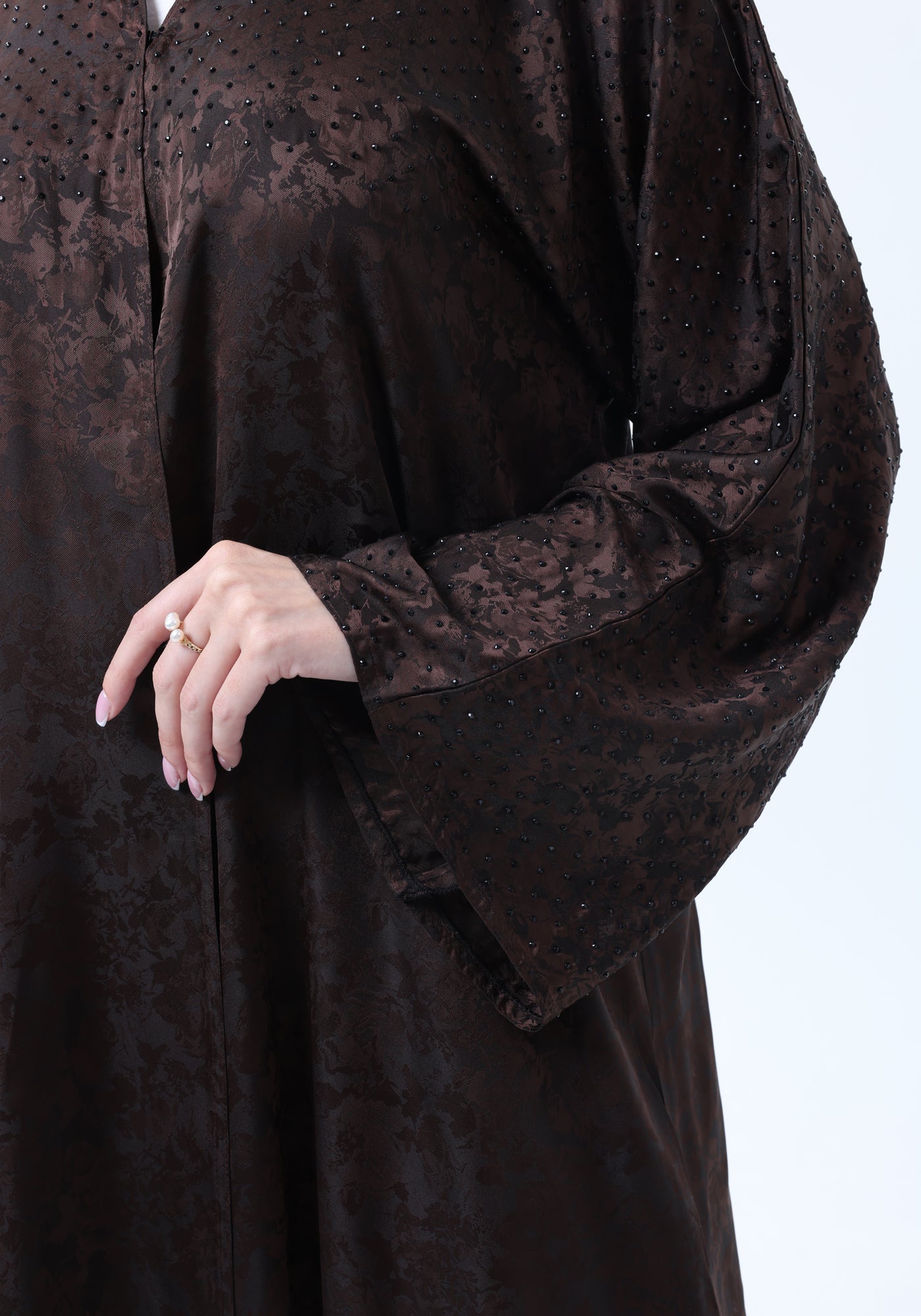 Brown Silk Floral Abaya with Rhinestones and Matching Sheila