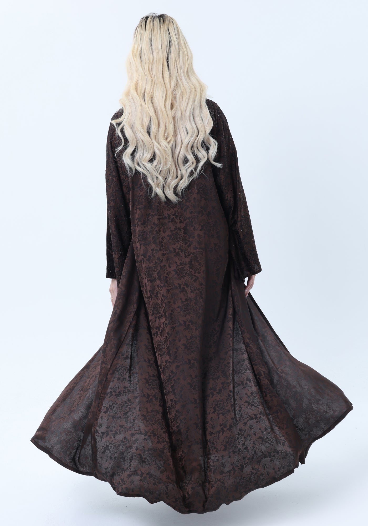 Brown Silk Floral Abaya with Rhinestones and Matching Sheila