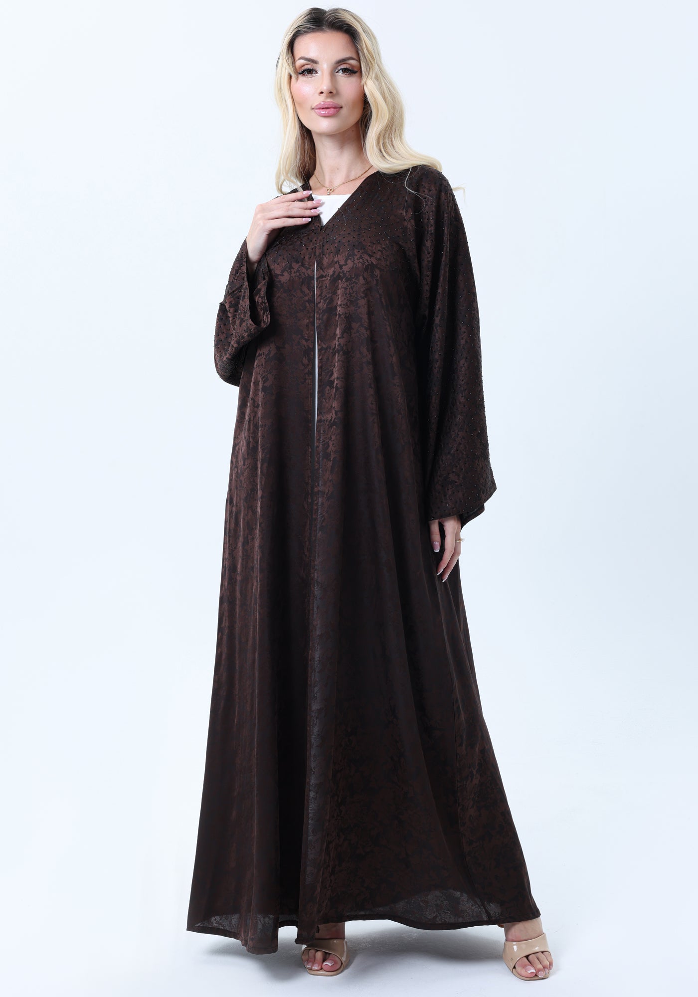 Brown Silk Floral Abaya with Rhinestones and Matching Sheila