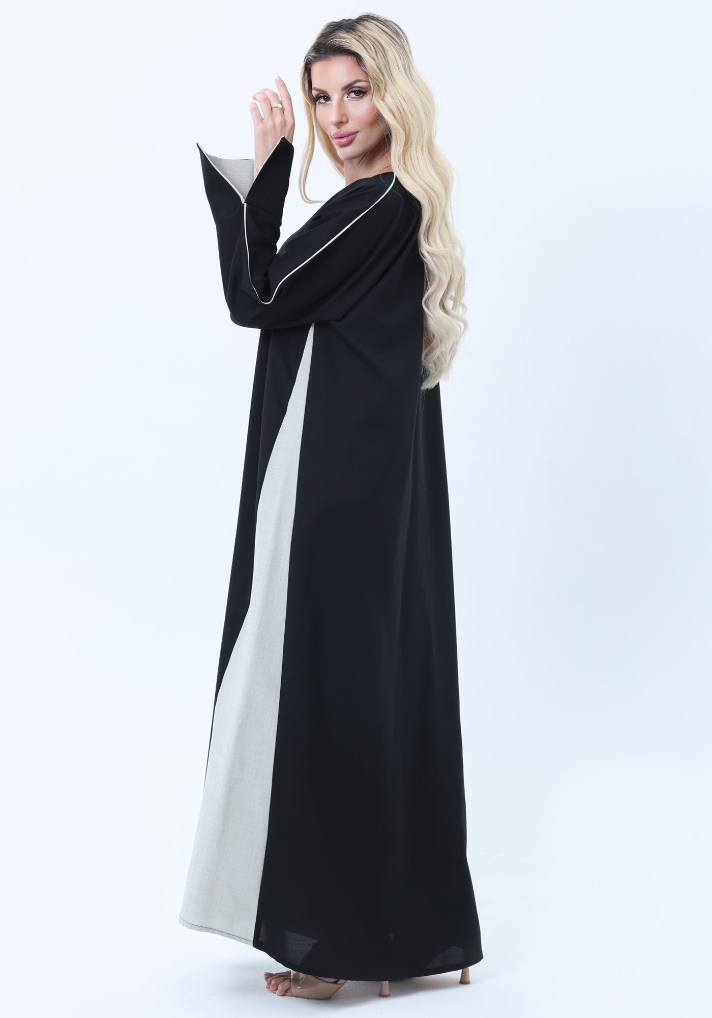 Two-Tone Colorblock  Melange Abaya with Contrast Piping and Slit Sleeves comes with Headscarf
